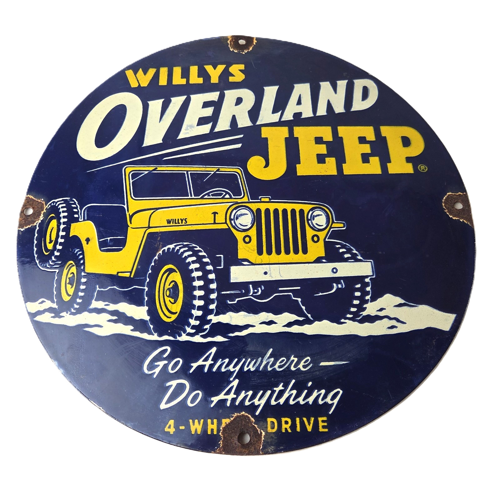 Vintage Willys Overland Jeep Vehicles Sign - Go Anywhere Gas Pump Porcelain Sign