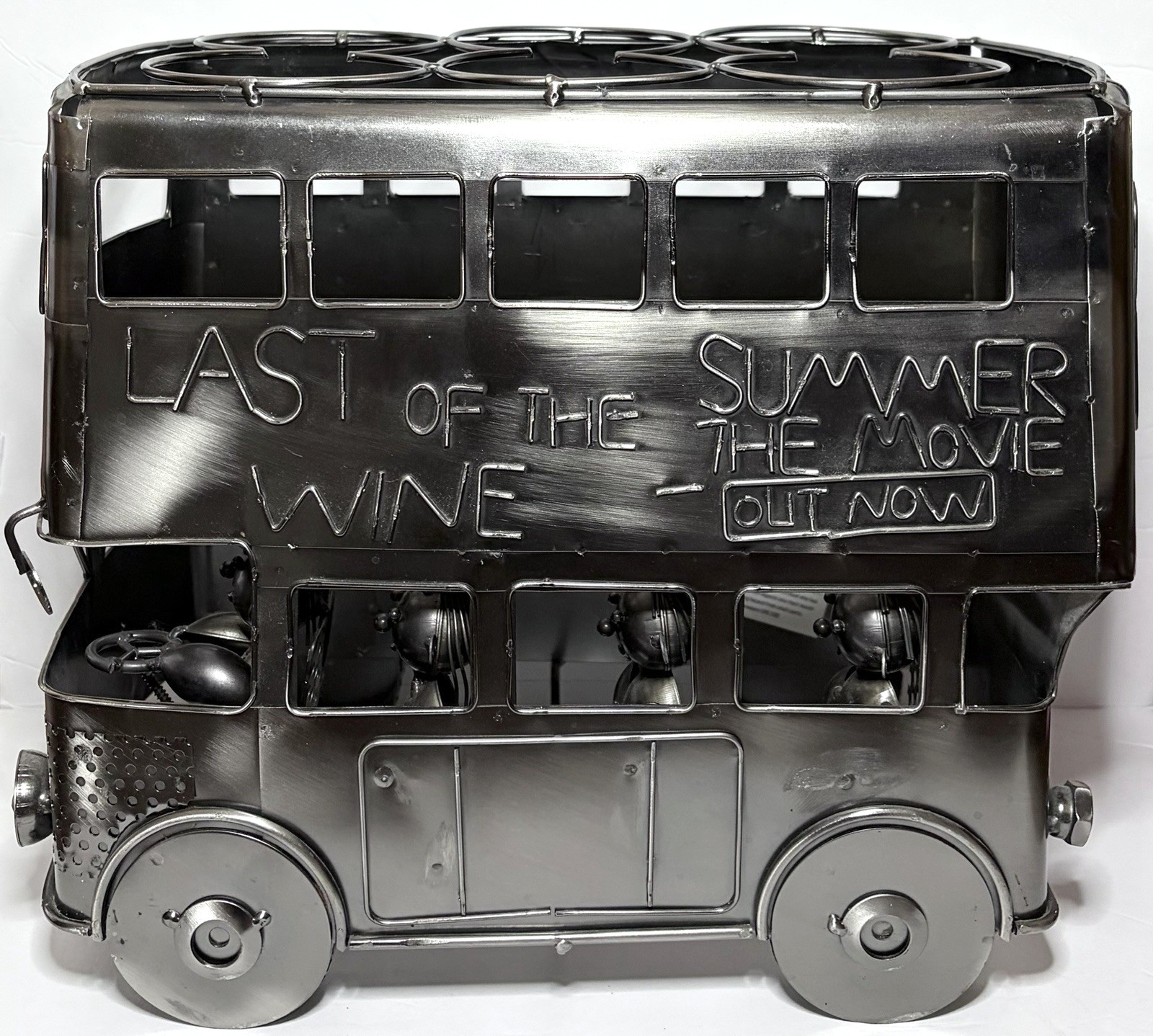 LG Double Decker Bus Passengers Shaped Recycled Metal 6 Bottle Wine Holder Rack