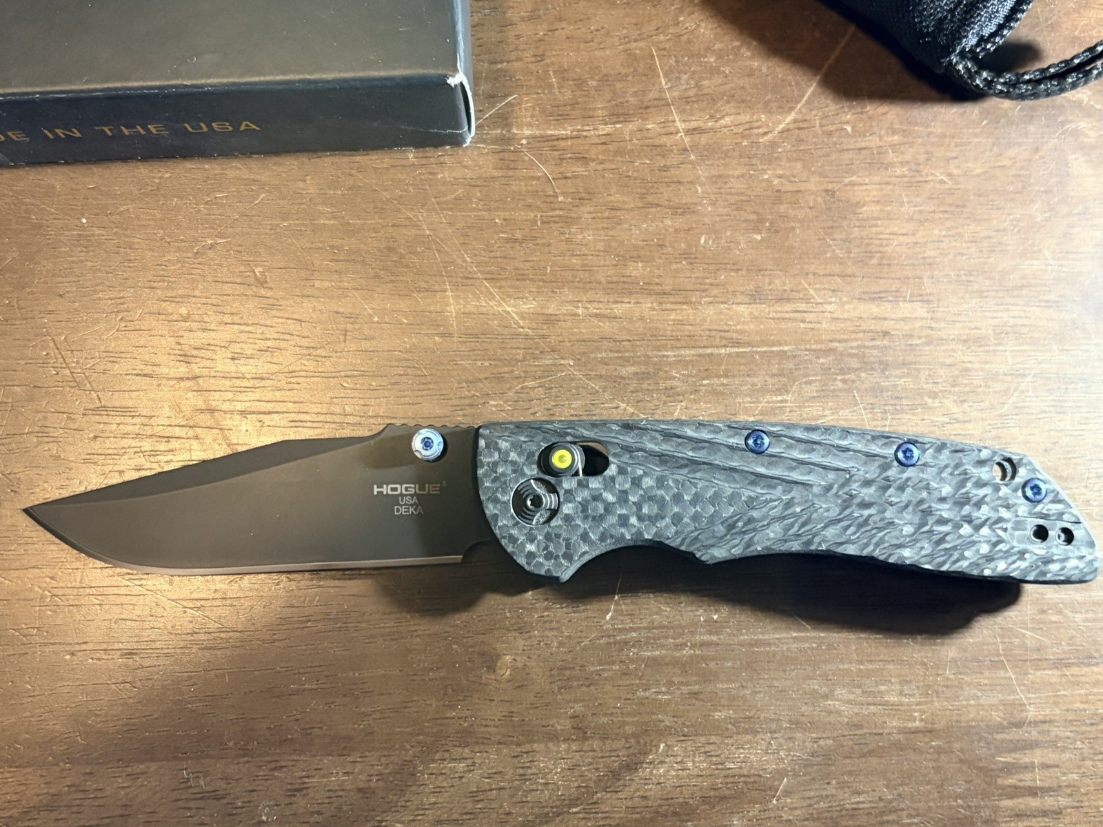 Hogue Deka 3.25 Clip Point Black Cerakote  Carbon Fiber Green Tritium Insert