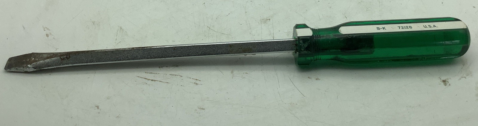 Vintage S-K 72128 3/8 x 8 in Slotted Screwdriver USA Green White Handle Flat