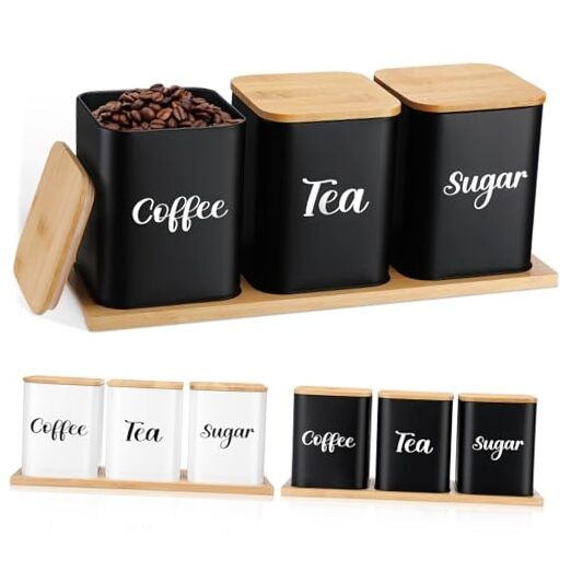 Tioncy Coffee Tea Sugar Container with Tray Set of 3 Airtight Metal Black