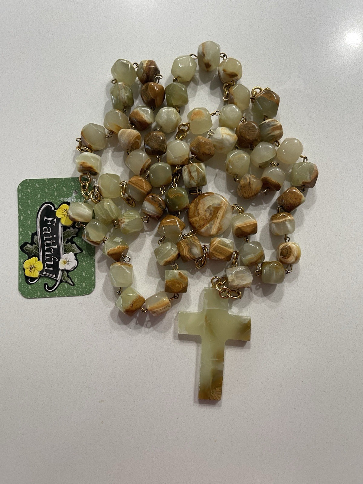 Catholic Onyx Rosary Necklace Green Beads Vintage Cross Crucifix Spain