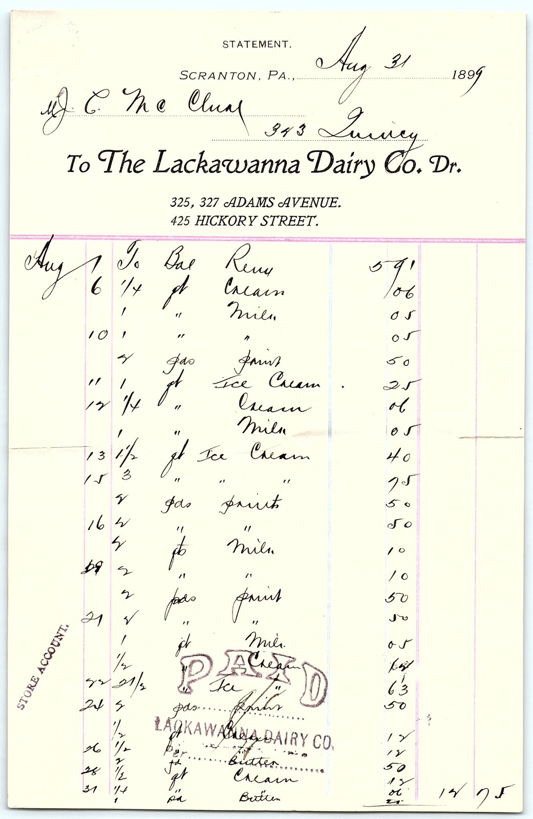 1899 Lackawanna Dairy Co. Billhead - Scranton, PA 1899 Lackawanna Dairy Co. Billhead - Scranton, PA