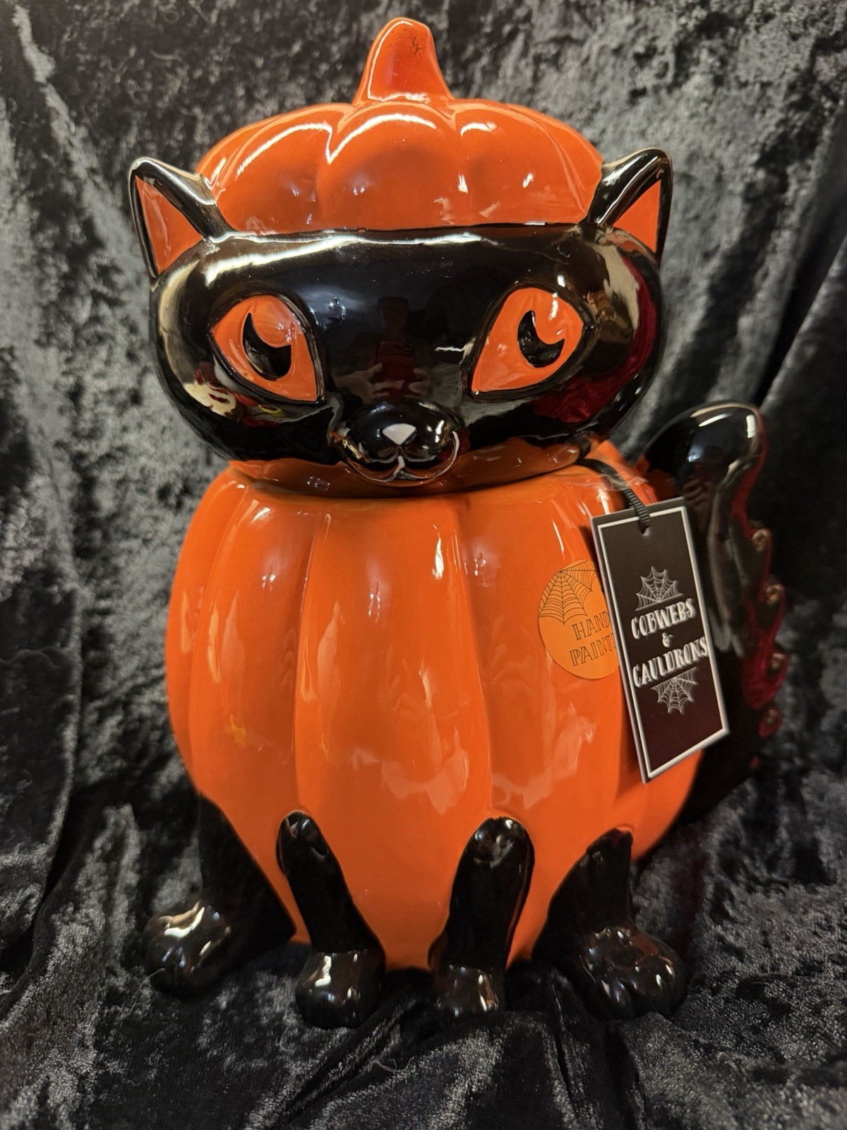 Cobwebs & Cauldrons HALLOWEEN BLACK Cat + Pumpkin Cookie, Jar 10”x 9”W New Cobwebs & Cauldrons HALLOWEEN BLACK Cat + Pumpkin Cookie, Jar 10”x 9”W New