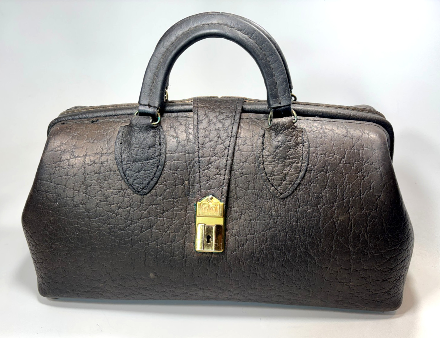 Vintage Schell Doctors Bag Black Textured Cowhide Leather 14x6x7 with Brass Lock