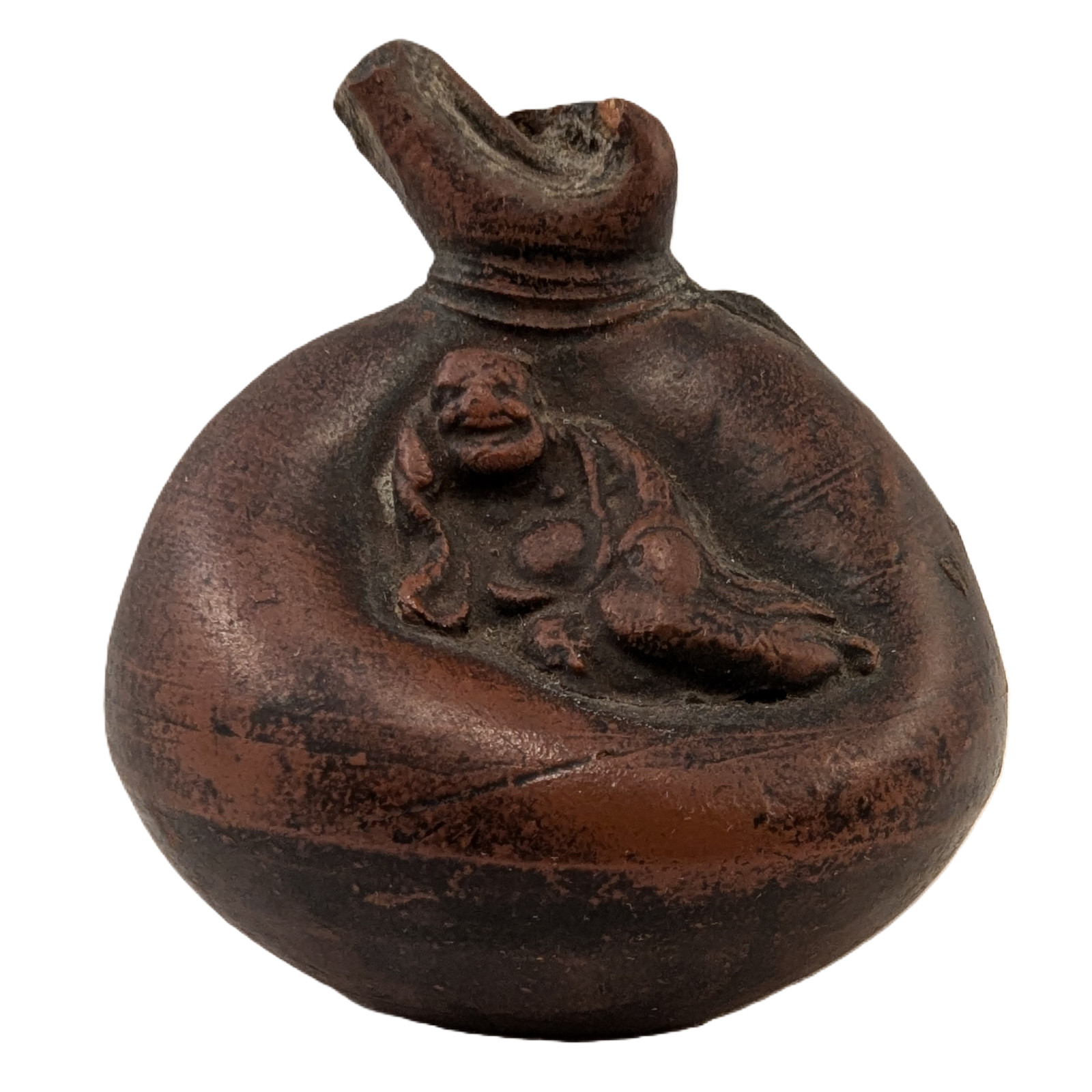 Antique Japanese Old Bizen Ceramic Suiteki Water Dropper Lucky God Hotei & Bag