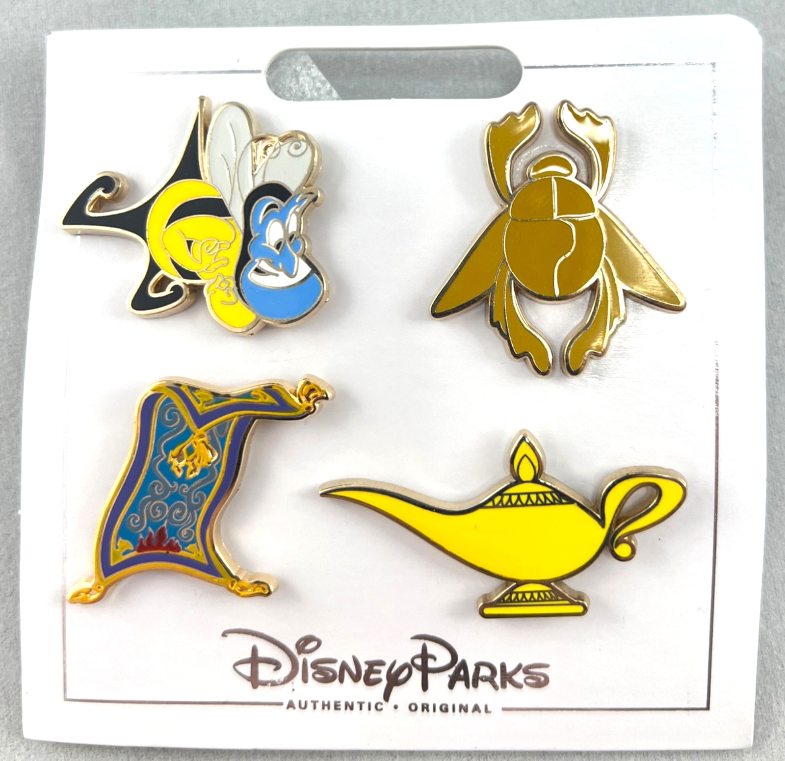 New Disney Pin Booster Flair Card Set Aladdin Icon Genie Bee Magic Carpet Lamp +