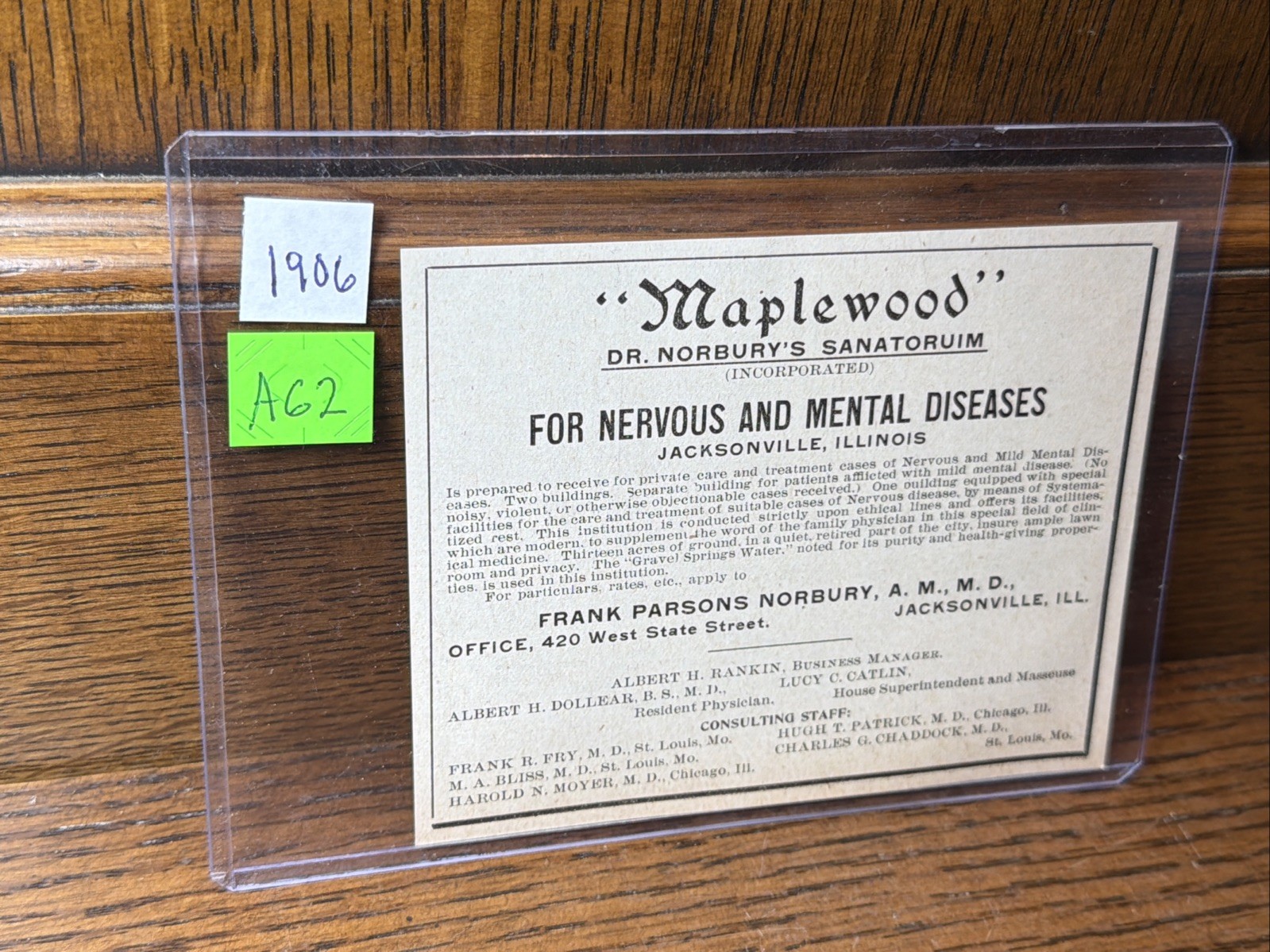 Atq 1906 Maplewood Norbury Sanatorium Insane Asylum Jacksonville IL Picture Ad