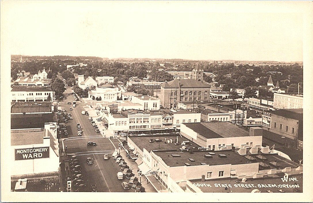 RPPC Salem Oregon Birdseye View South State Street Montgomery Ward Store 1940s RPPC Salem Oregon Birdseye View South State Street Montgomery Ward Store 1940s
