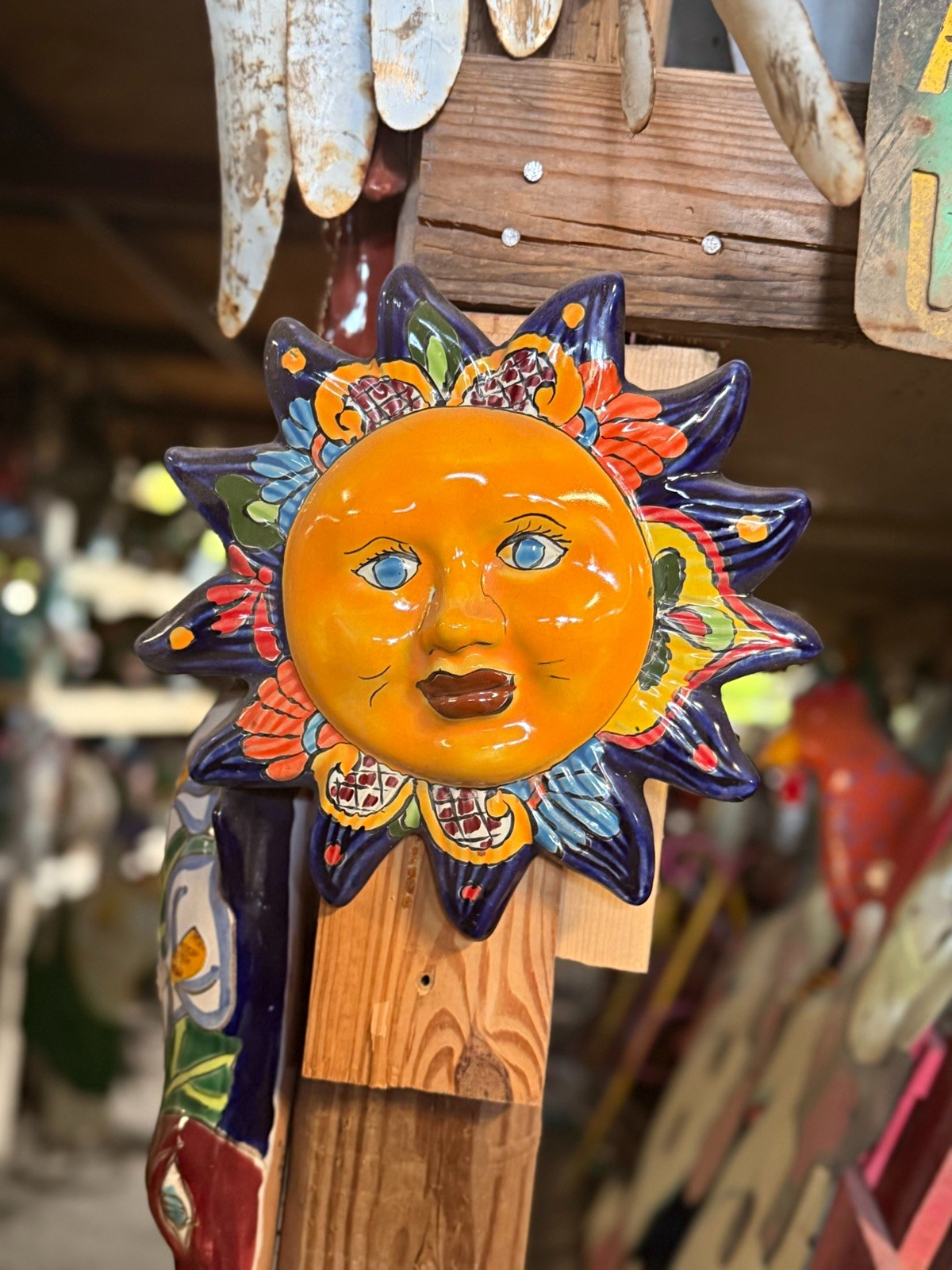 Mexican Talavera Style Sun Face Ceramic Pottery Wall Hanging Folk Art 
