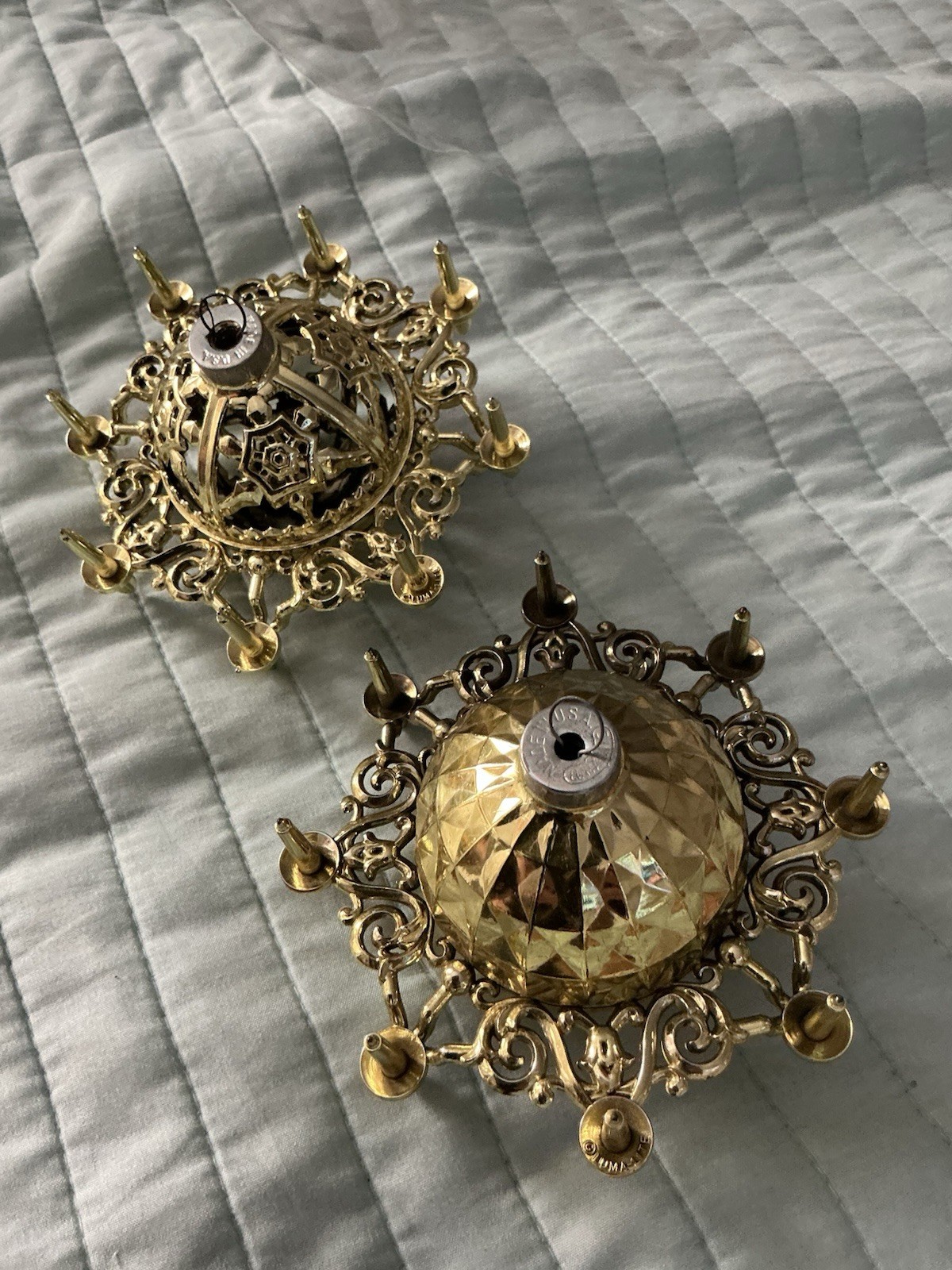 2 Vtg Bradford Luma-Lite Chandelier Christmas Ornaments Gold Silver Plastic