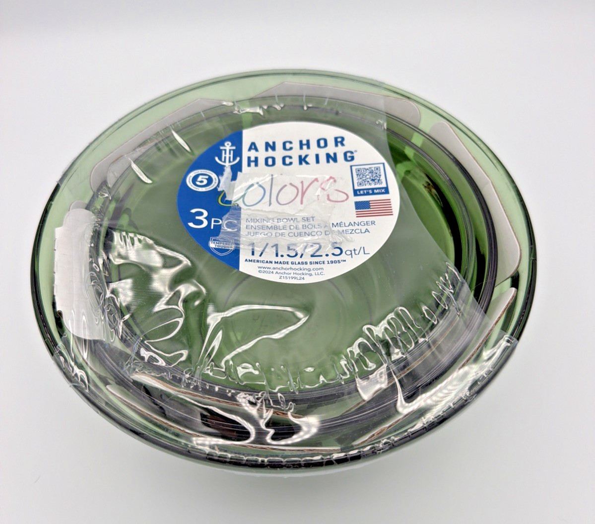 Anchor Hocking 3pc Glass Mixing Bowl Set Green 1, 1.5, 2.5 Qt USA New Sealed