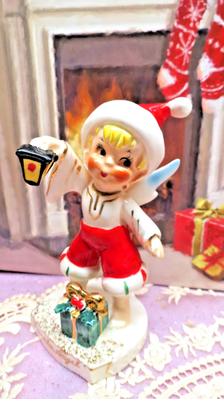 Vtg Lefton December Boy Angel W SANTA HAT With Lantern Holly Berry Gift #556
