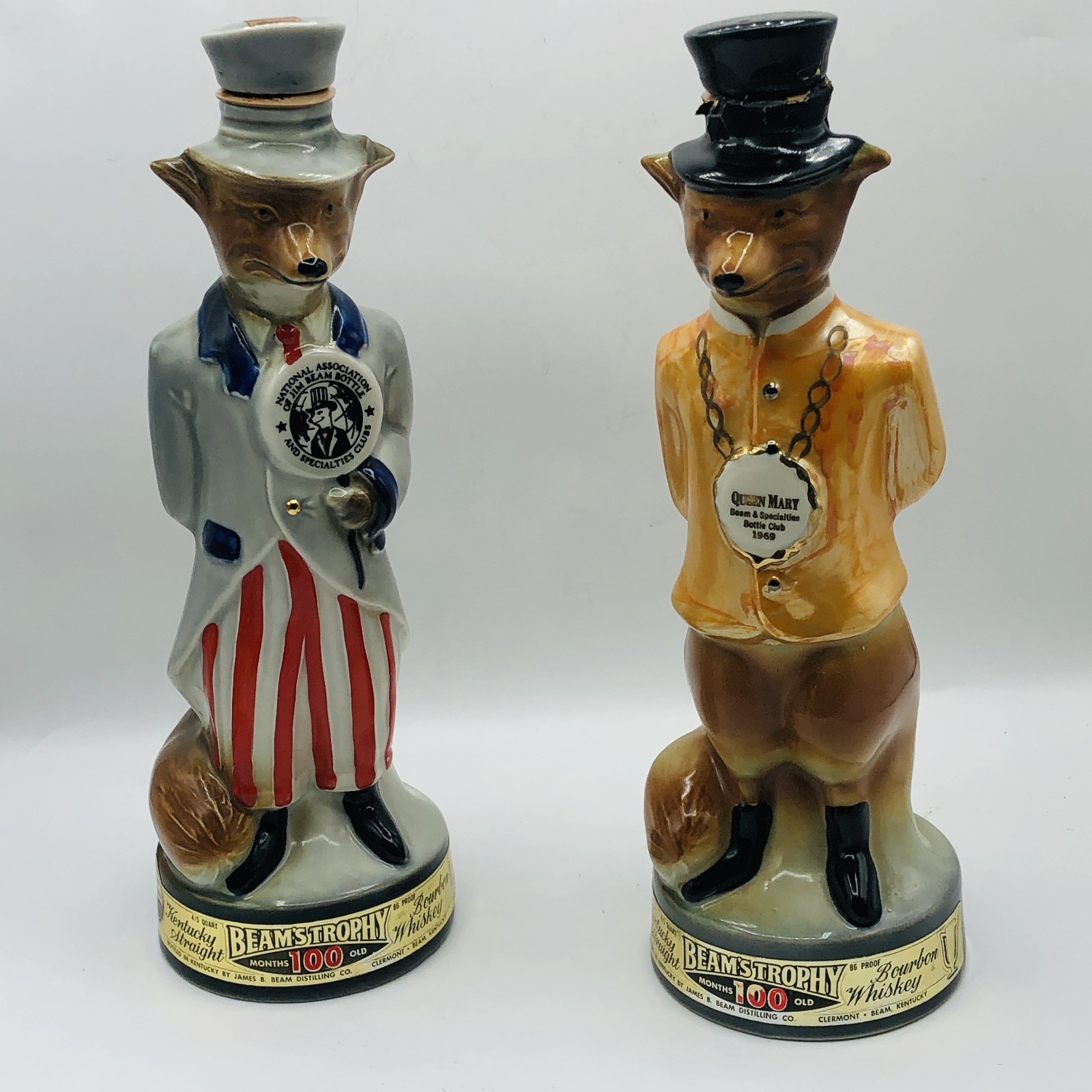 Pair Vintage Jim Beam Fox Decanters 1969 Queen Mary Goldie & 1971 Uncle Sam