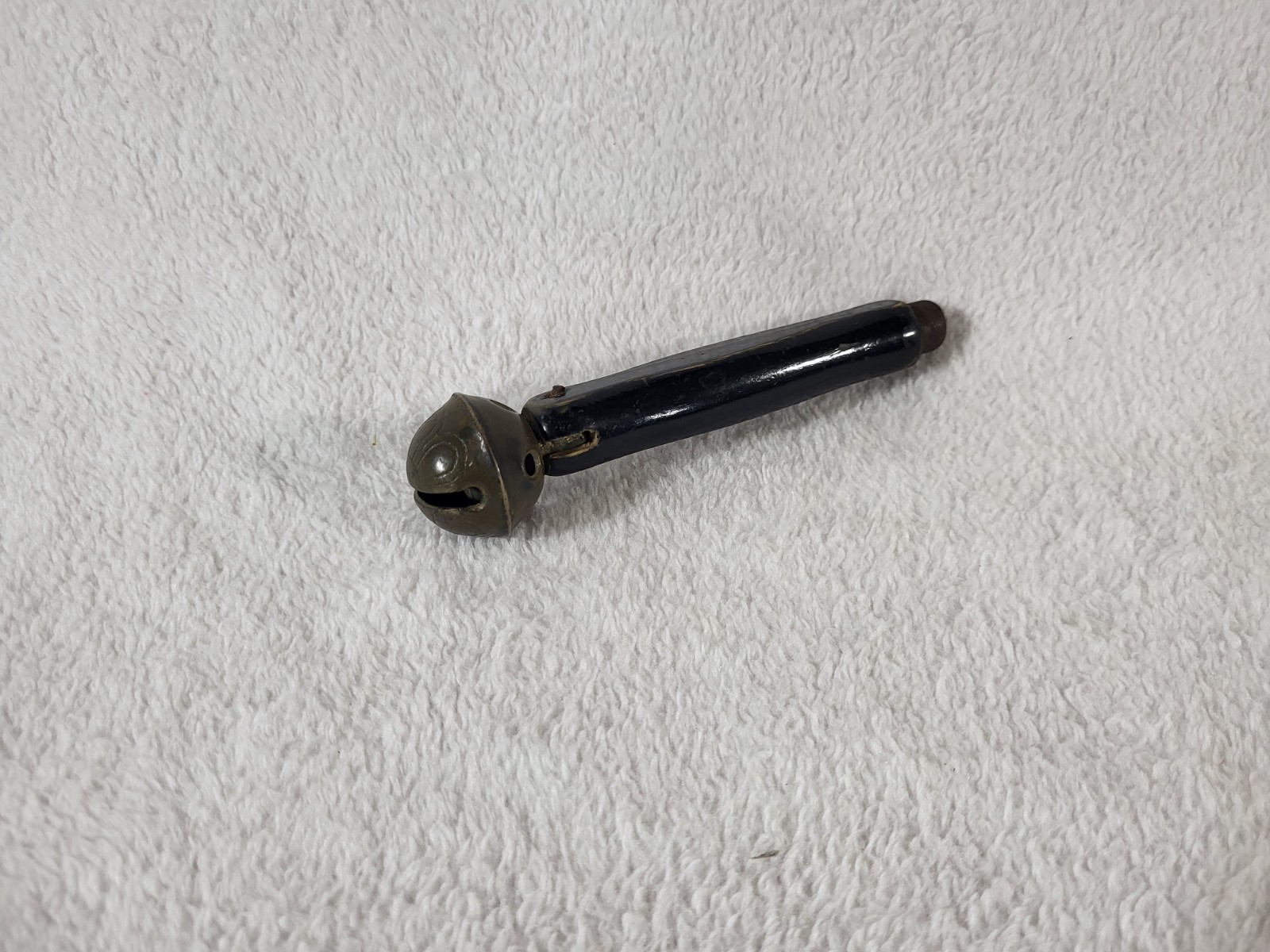 Antique Crotal Bell Hand Rattle Toy Turned Wood Ebonized Handle No 1 Early 1900s Antique Crotal Bell Hand Rattle Toy Turned Wood Ebonized Handle No 1 Early 1900s