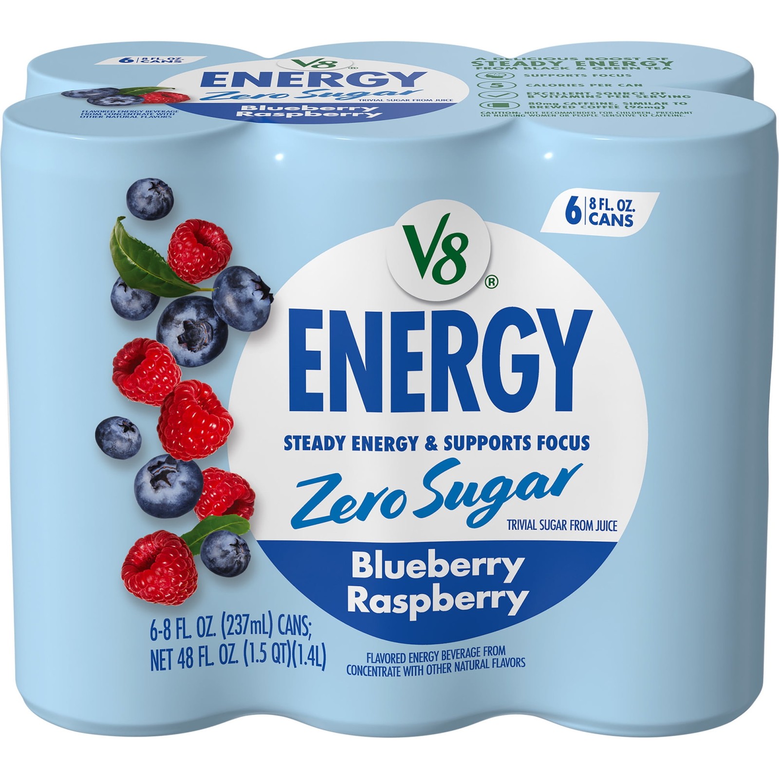 V8 Energy Zero Sugar Blueberry Raspberry Energy Drink, 8 Fl. Oz. Can (6 Pack)-