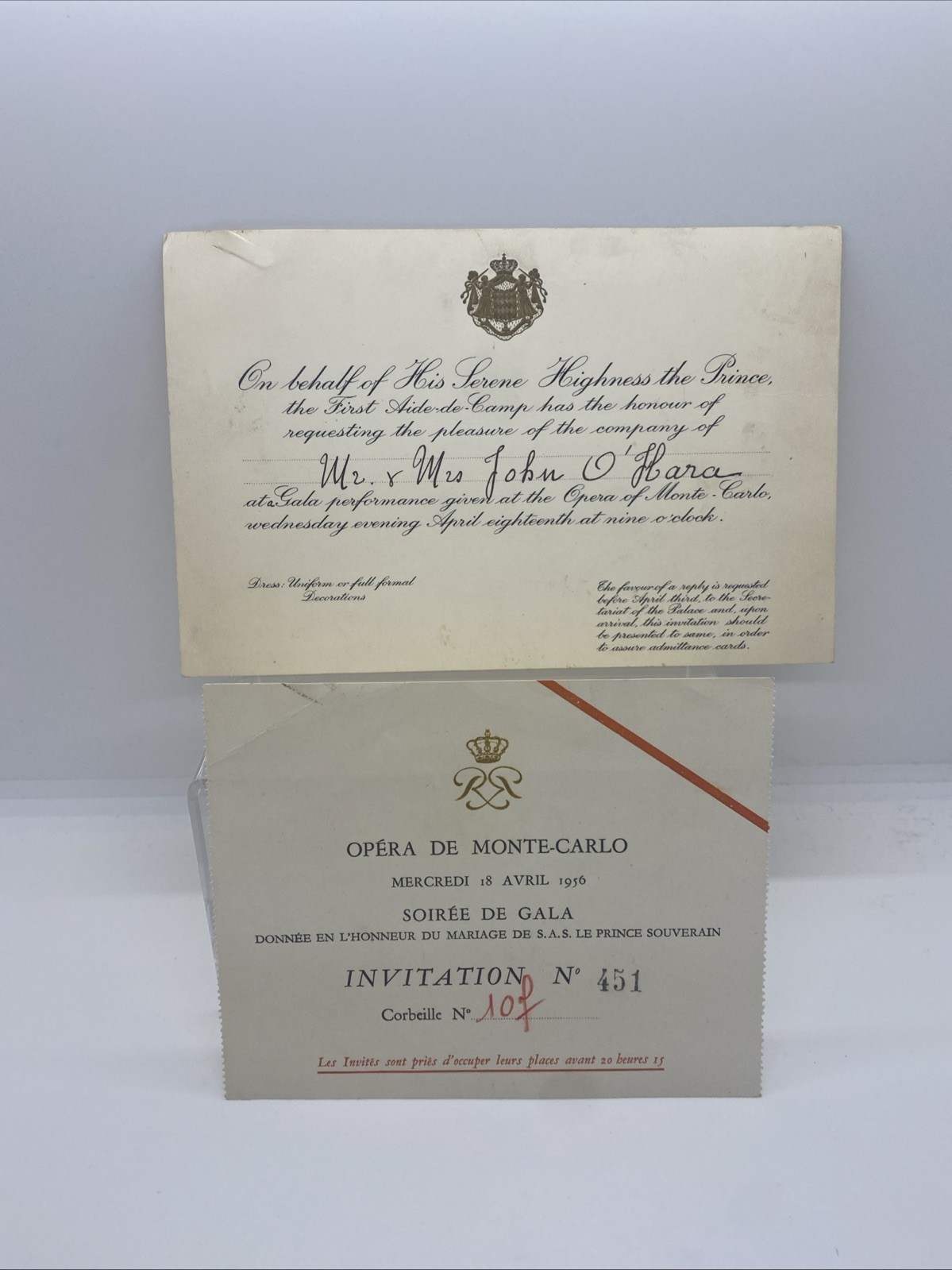 1956 Monaco Royal Wedding Gala Invitation & Ticket – Grace Kelly Rainier