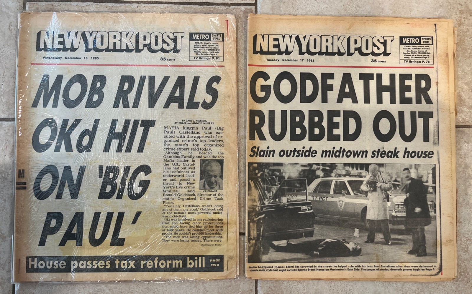 2 RARE Mafia Boss Paul Castellano 1985 “Rubbed Out” New York Post Newspaper Lot