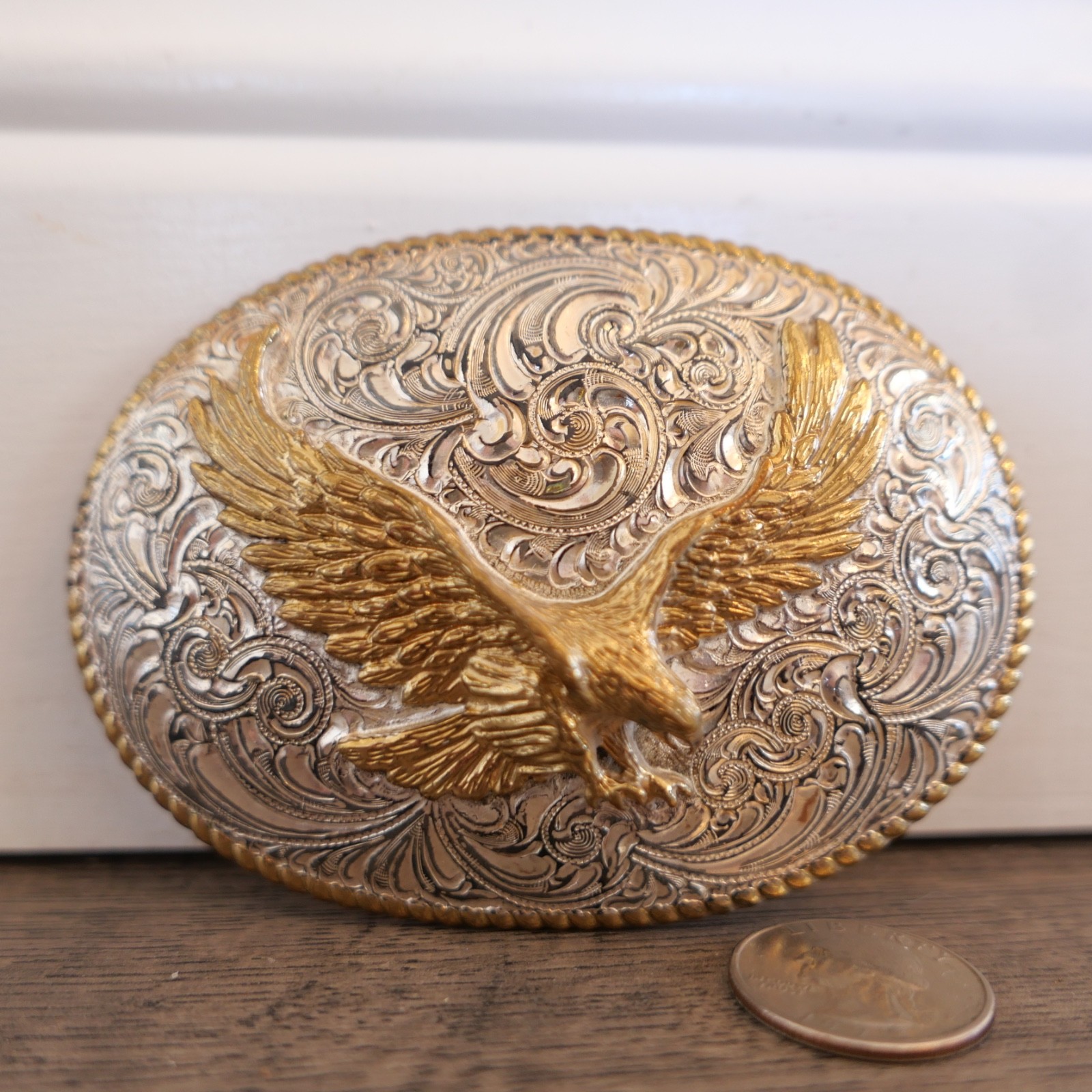 Crumrine Vintage Eagle Belt Buckle Silver Gold Tone Western Cowboy Style