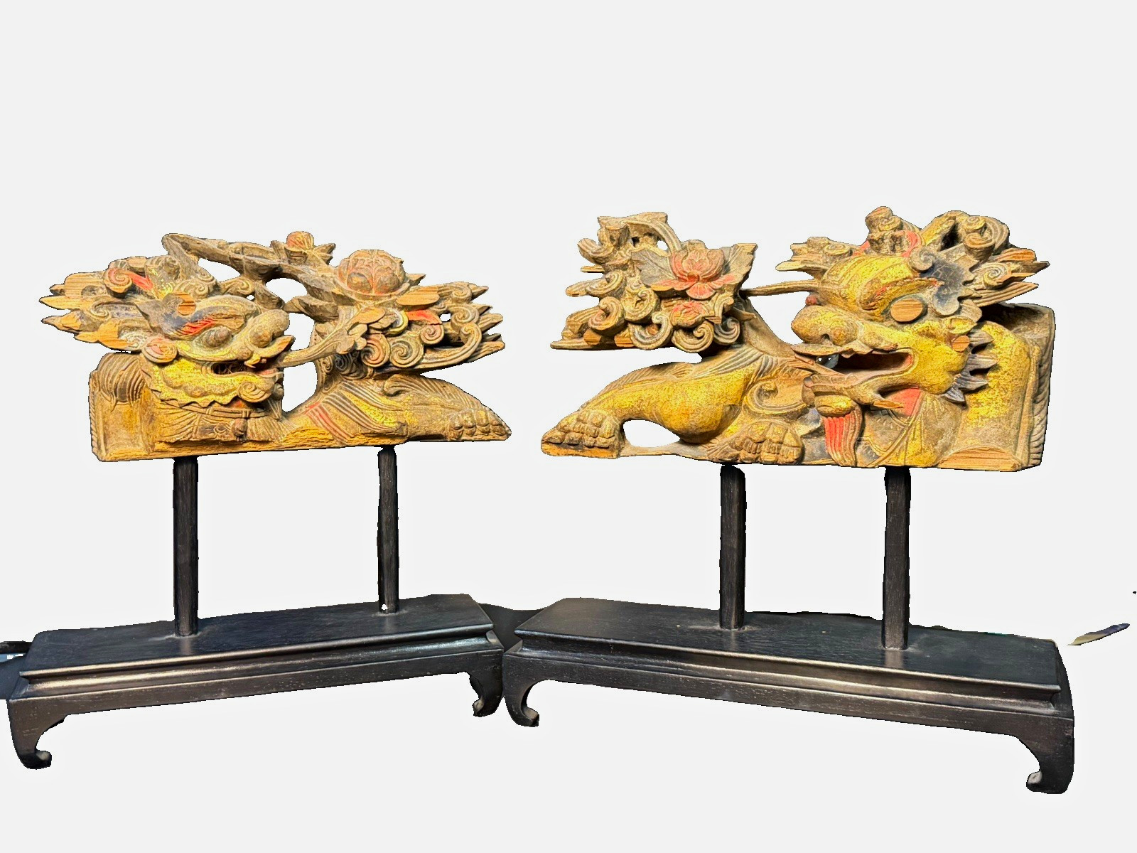 Pair Antique 19th Century Chinese Wood Carving Guardian Lions Foo Dogs W/ Stands