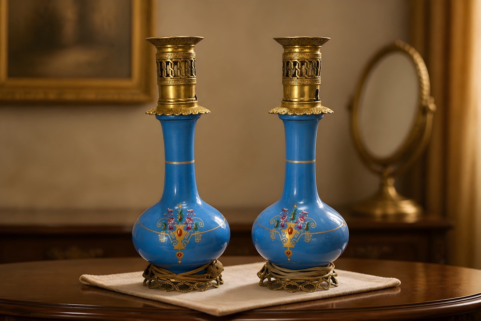 A pair of Antique French blue opaline glass lamps with Brass base and top 15” A pair of Antique French blue opaline glass lamps with Brass base and top 15”