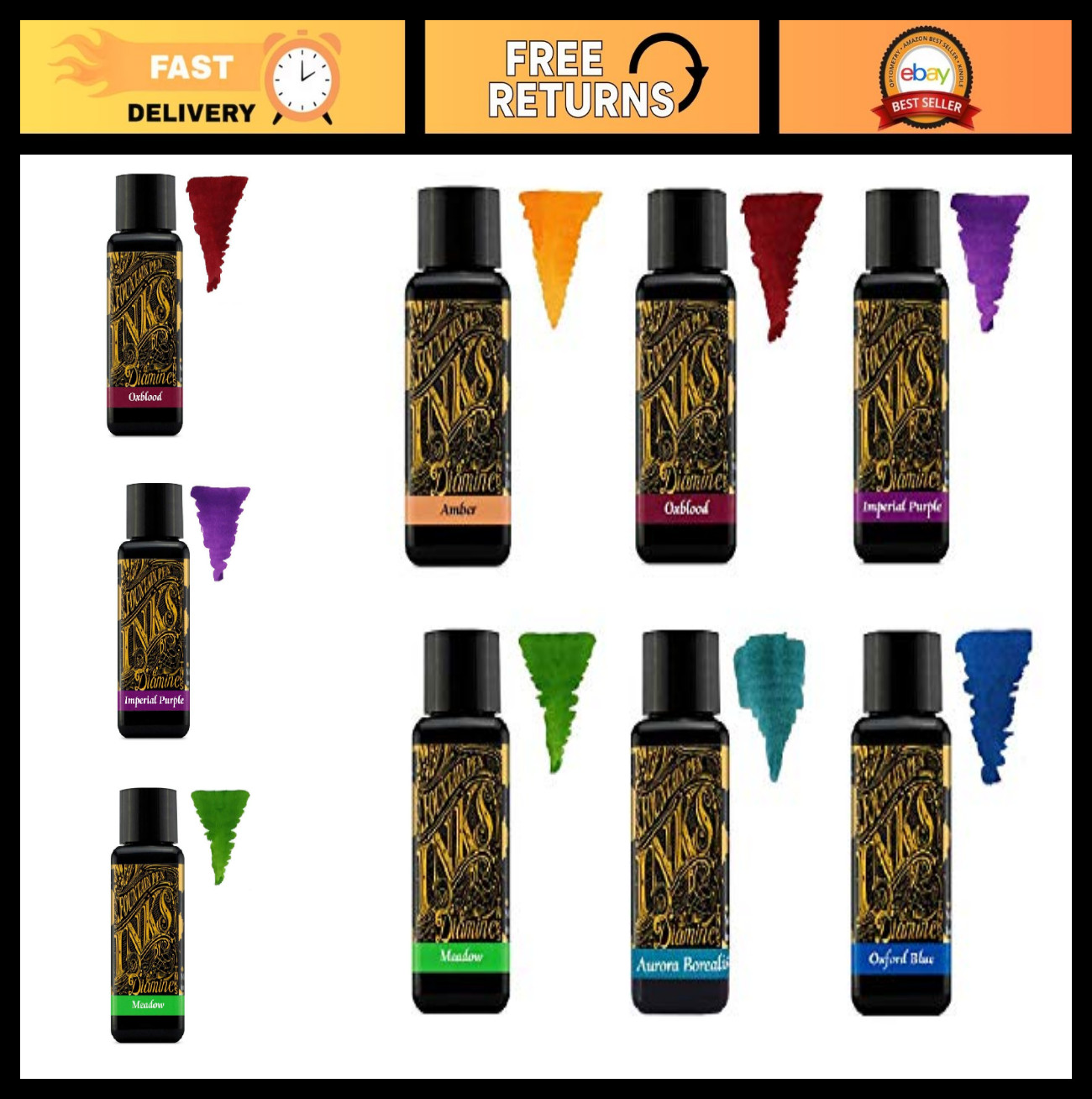 30ml Fountain Pen Ink Set - 6 Bottles - Amber, Oxblood, Purple, Blue, Green