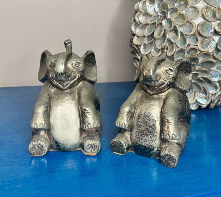 Vintage PM Craftsman Cast Metal Seated Elephant Bookends Pair Trunk Up Good Luck