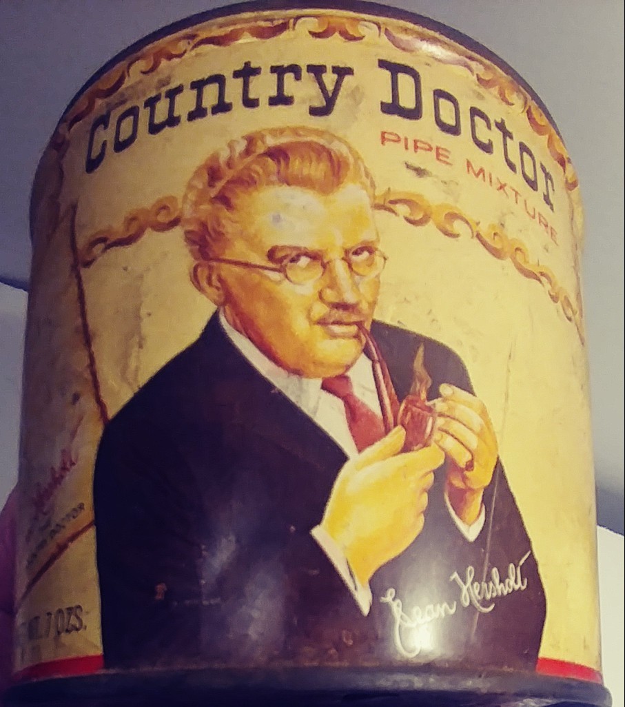 RARE,1940`s  VINTAGE TOBACCO TIN ,COUNTRY DOCTOR,ACTOR JEAN HERSHOLT,FREE SHIPIN