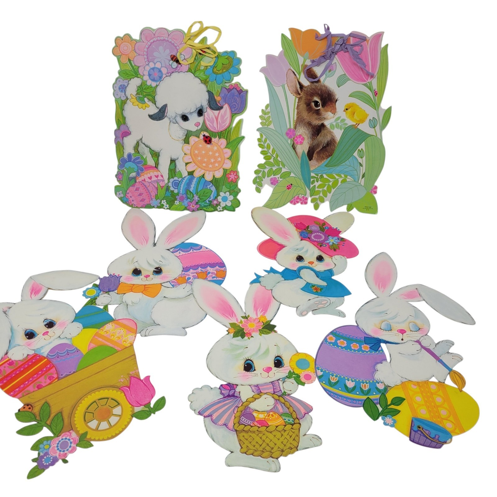 Vintage 70s Easter Die Cut Cardboard Wall Decorations Lot Of 7 Bunny Rabbit Lamb