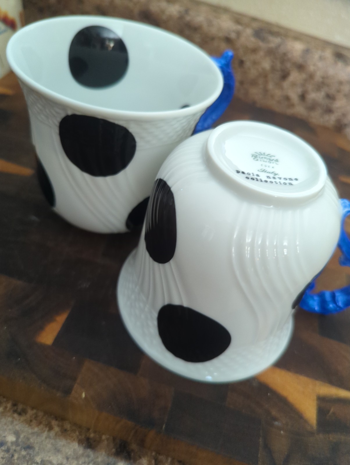 Richard Ginori Paola Navone ESEA Mug Set Italy Porcelain Blue Handle Polka Dot