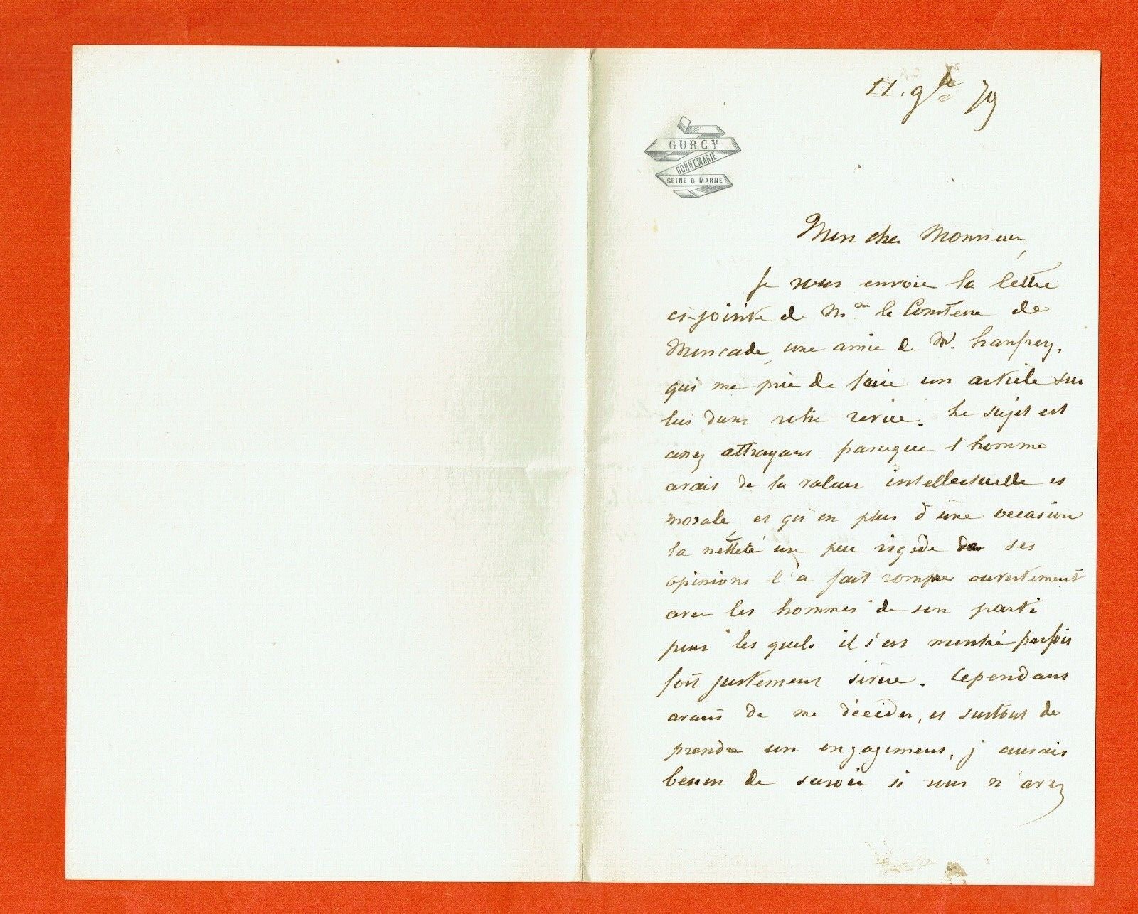 LC58/D-L.A.S-JOSEPH D\'HAUSSONVILLE-HISTORIAN-POLITICIAN-PARIS-(1809-1884) LC58/D-L.A.S-JOSEPH D\'HAUSSONVILLE-HISTORIAN-POLITICIAN-PARIS-(1809-1884)
