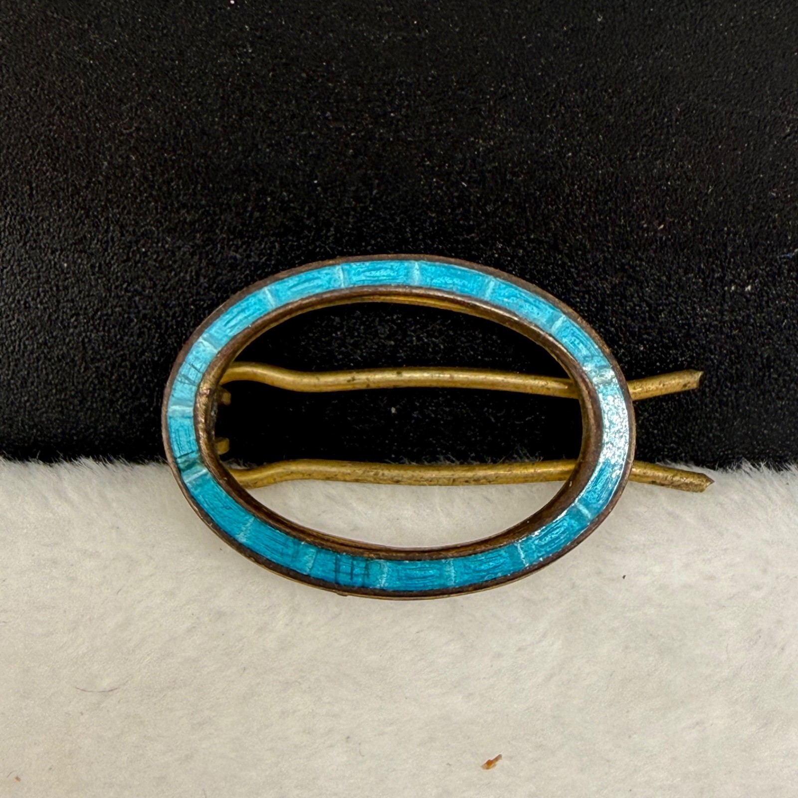 Vintage Estate Hair Barrette Blue Guilloche Enamel Gold Tone 1\