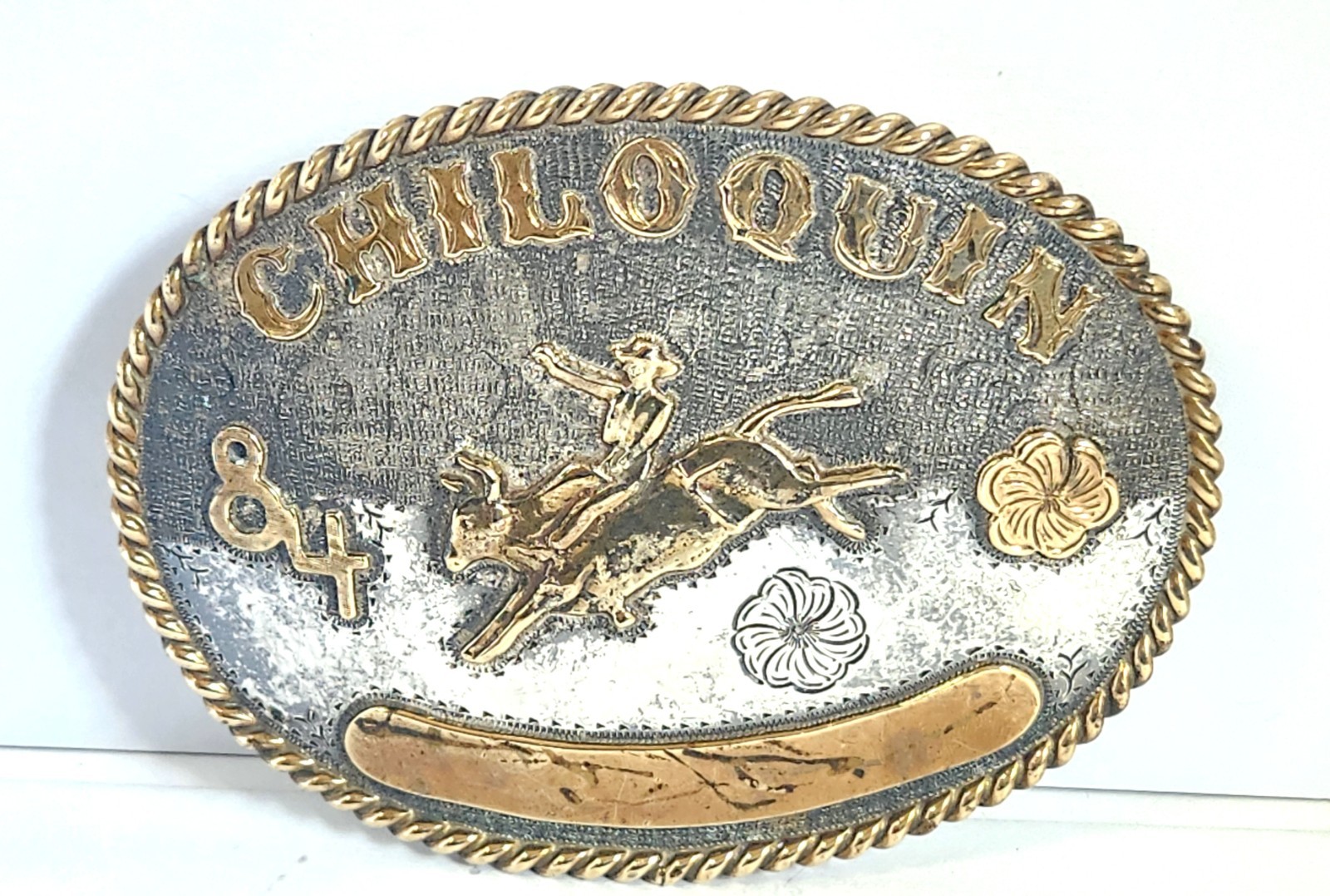 CHILOQUIN Oregon Rodeo Belt Buckle Bull Riding 1984 HS Signed Vintage CHILOQUIN Oregon Rodeo Belt Buckle Bull Riding 1984 HS Signed Vintage