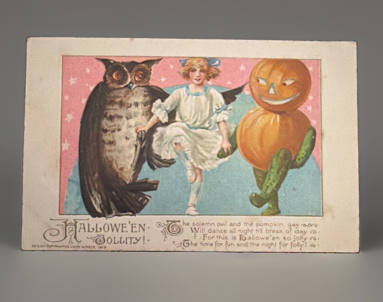 SCARCE SCHMUCKER/ WINSCH HALLOWEEN GIRL DANCING WITH OWL & PUMPKIN MAN 1913