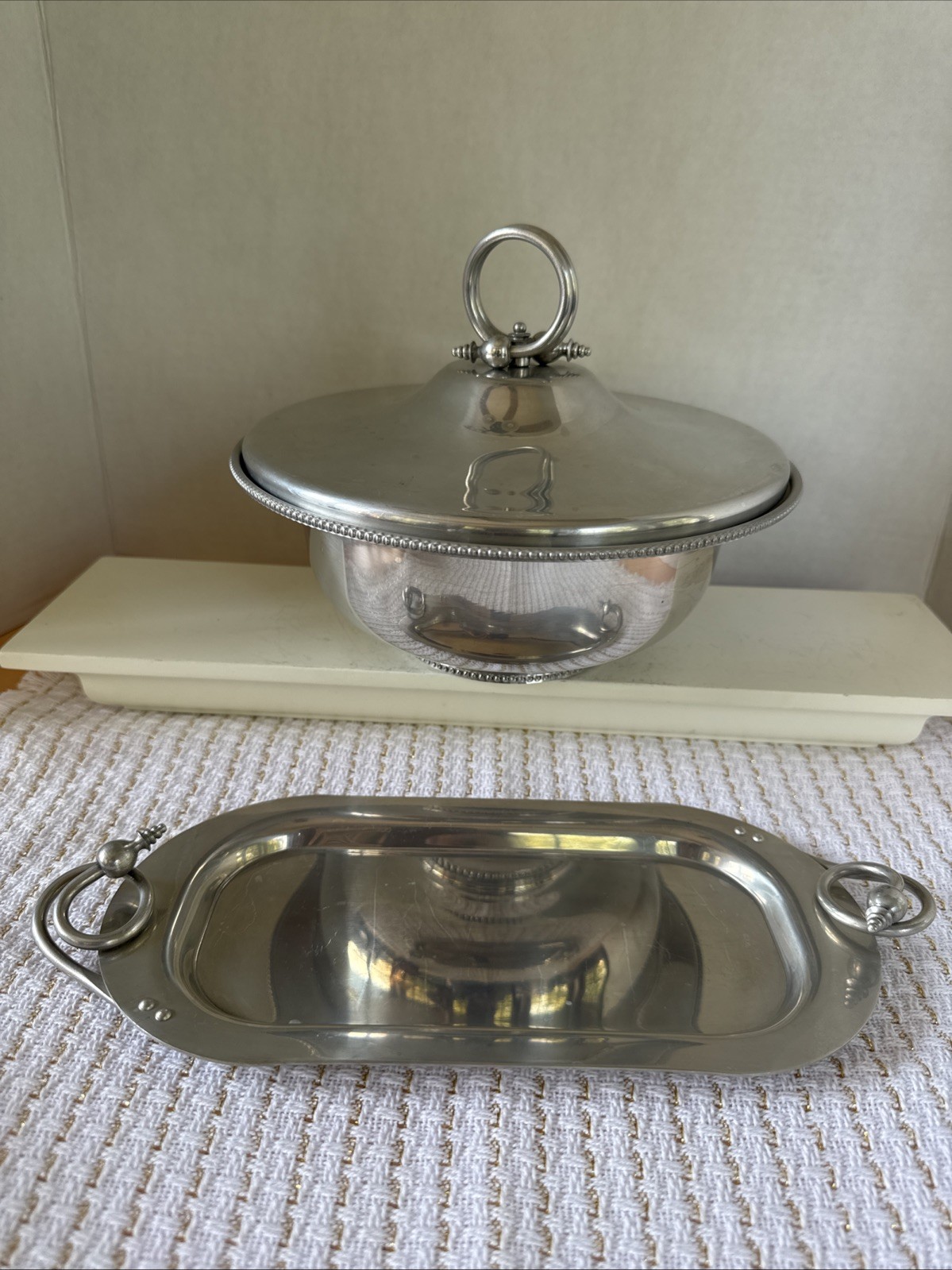Vtg Set Buenilum Beaded Aluminum Serving Bowl, Lid, PYREX Insert And Tray 1950’s