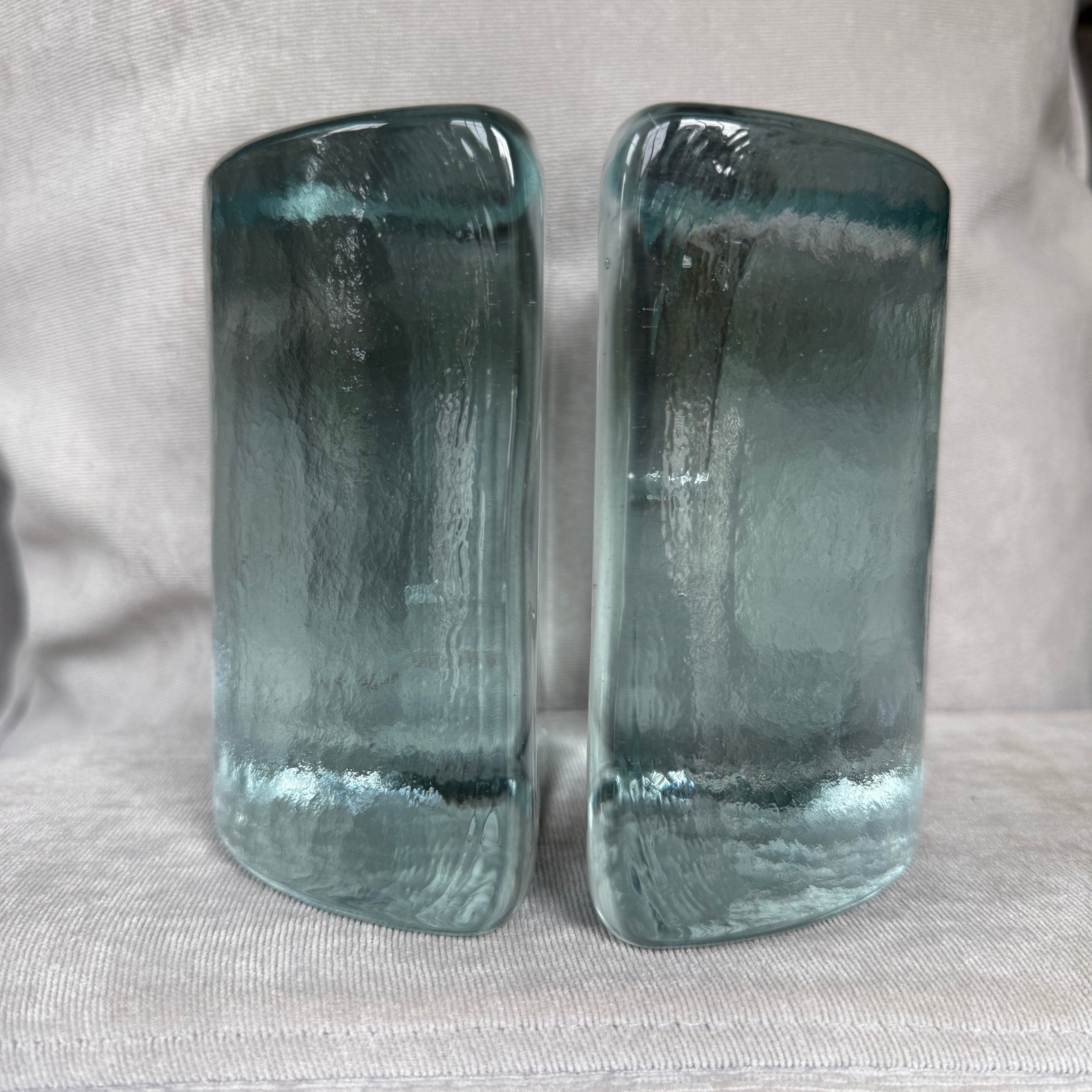 Vintage Blenko #434 Glass Bookends Clear Aqua MCM Wayne Husted Era Heavy Pair