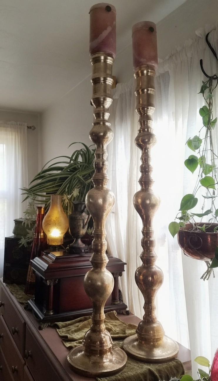 Antique Thai Temple Altar Etched Brass Pillar Floor Candlesticks 36\