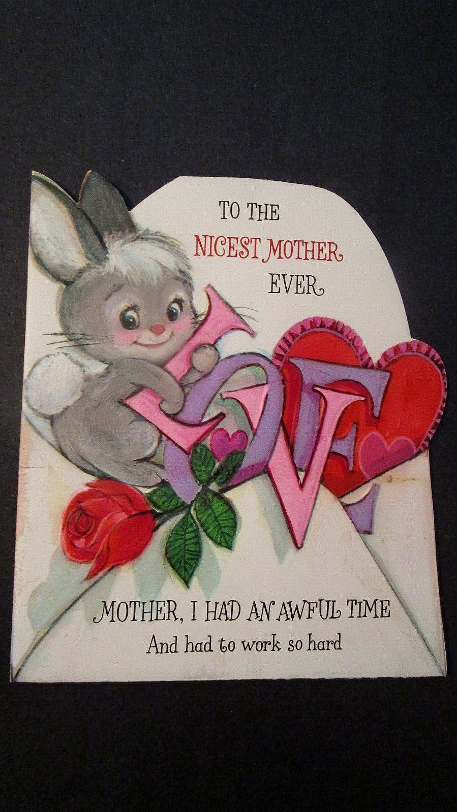 VINTAGE GREETING CARD MOTHER'S DAY POP-UP Darling BABY BUNNY Hearts L-O-V-E