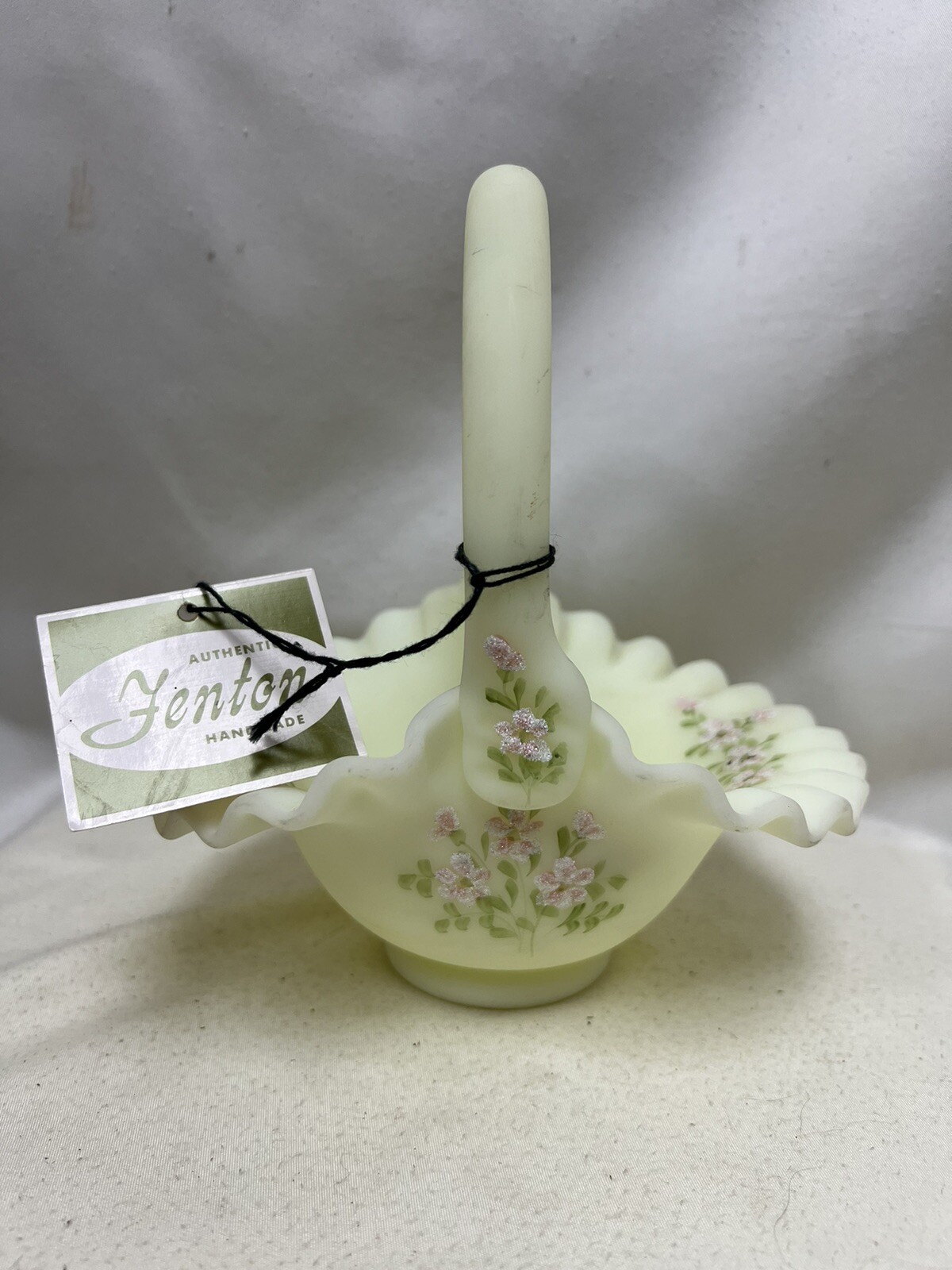 Fenton Custard Yellow Ruffled Basket Hand Painted Signed