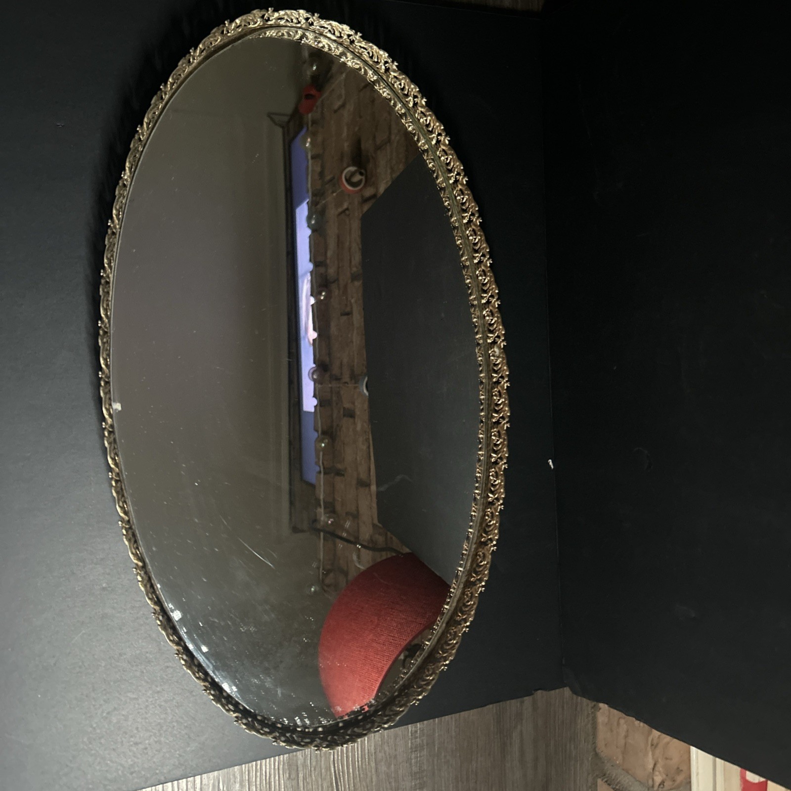 vintage Hollywood Regency-style gold filigree Oval mirrored vanity tray. 18x10