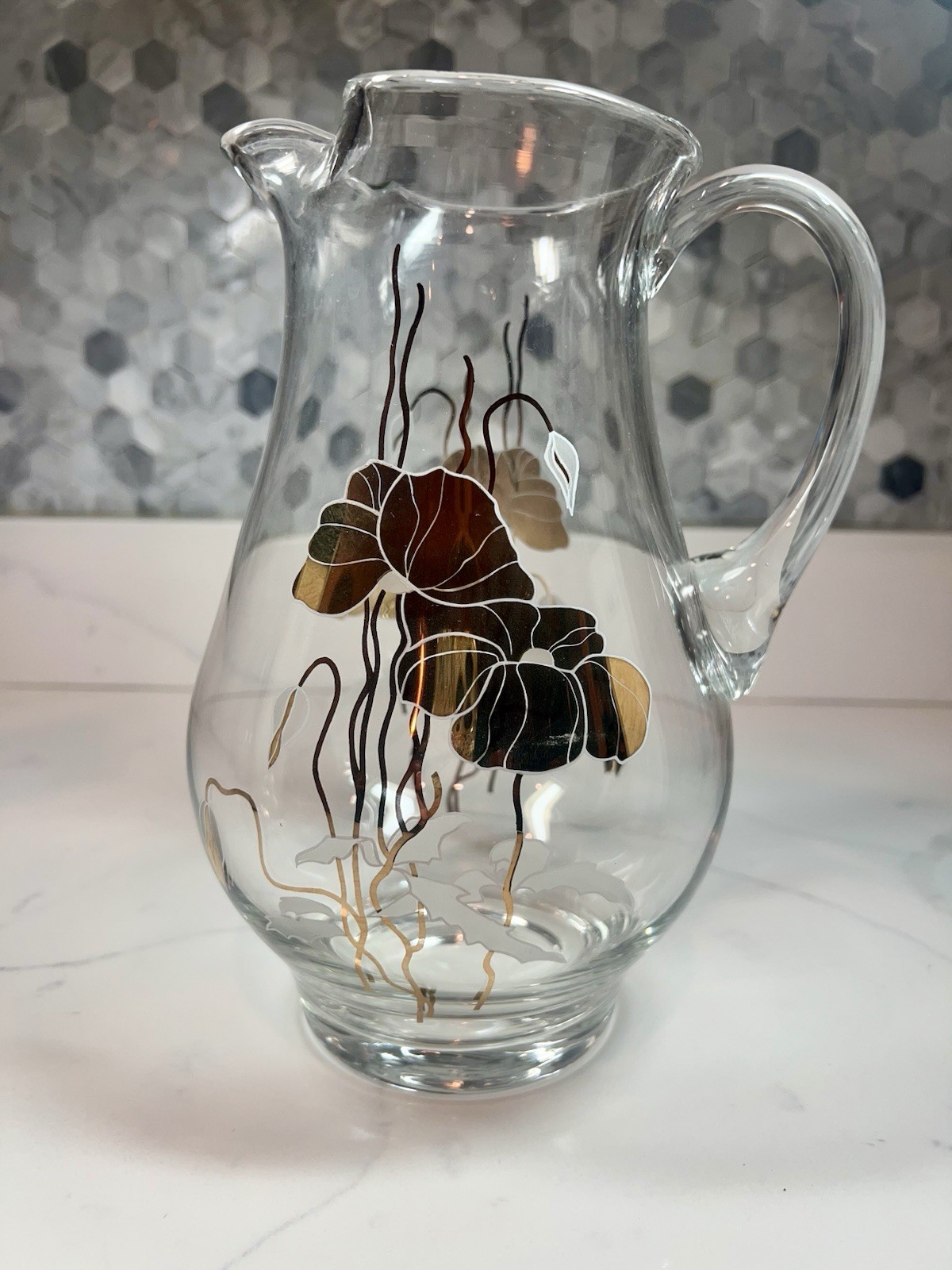 Shangri-La 12k Gold Lotus Mouth-Blown Glass 9” 1980s Pitcher Mid-Century Modern