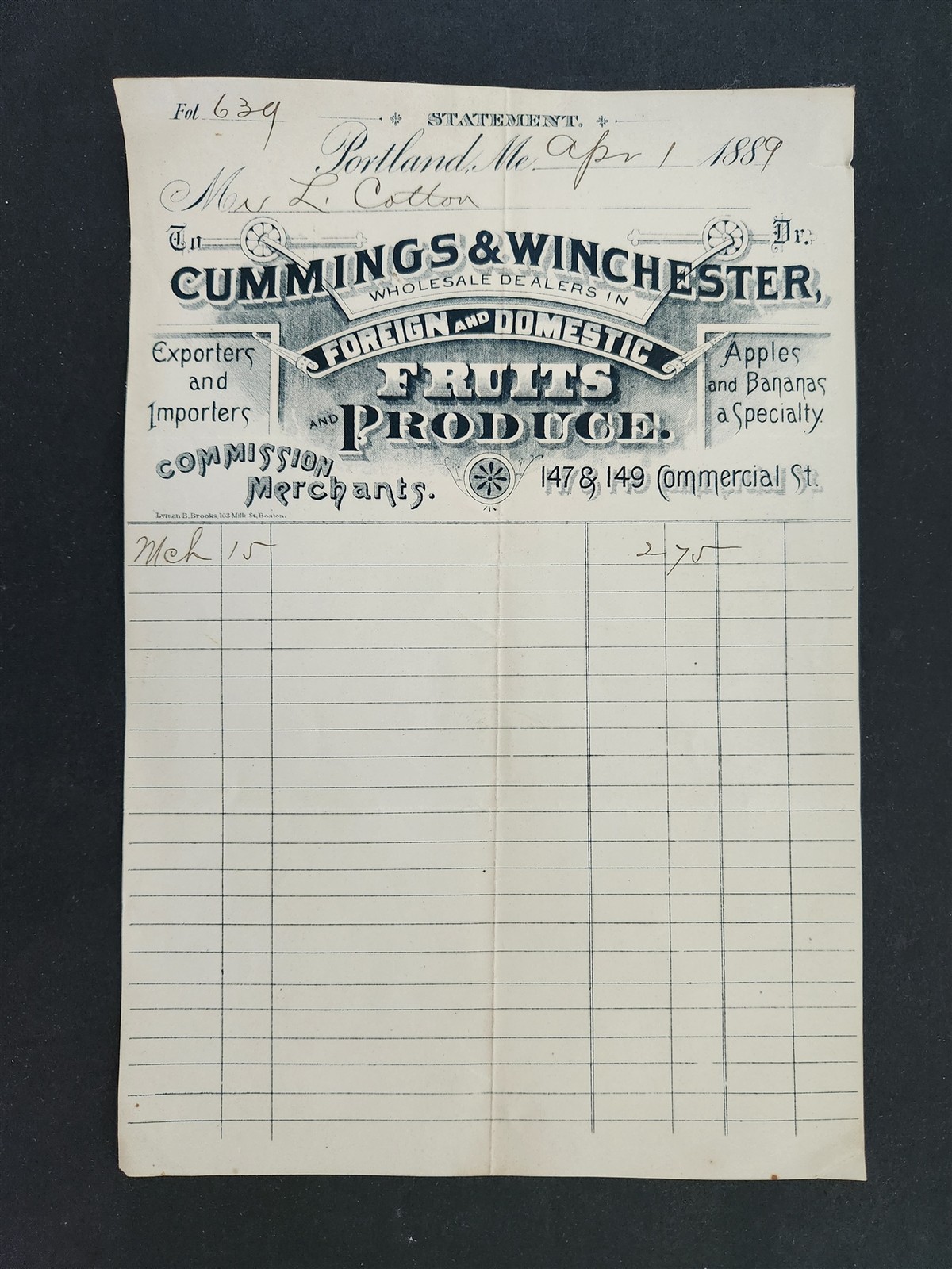 1889 antique CUMMINGS & WINCHESTER portland me BILLHEAD fruits produce merchant