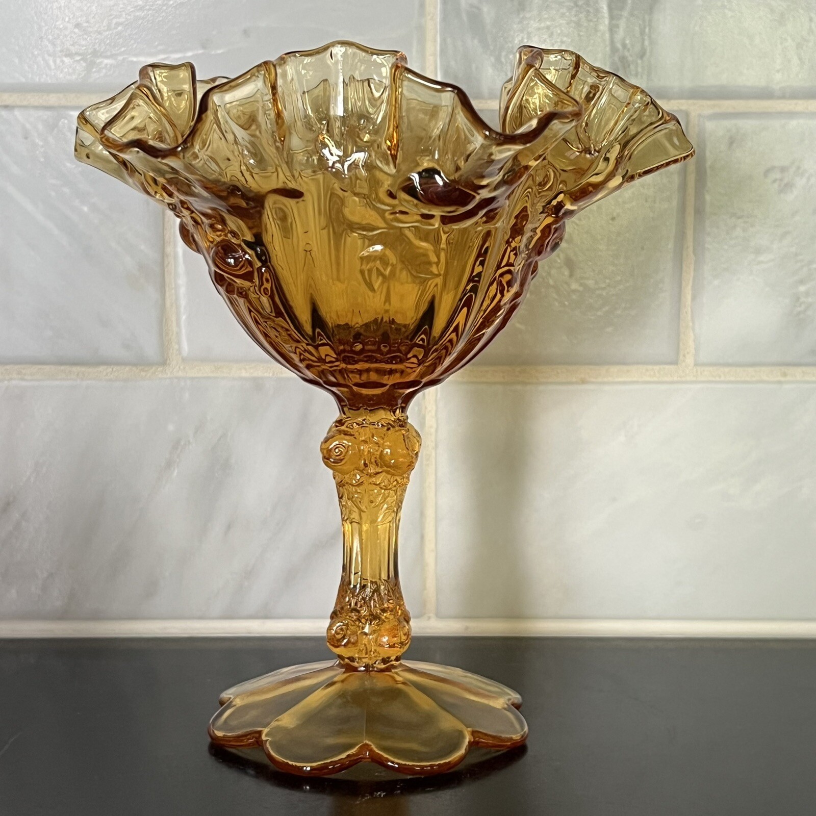 Vintage Fenton Amber Glass Cabbage Rose Ruffled Pedestal Compote Candy Dish