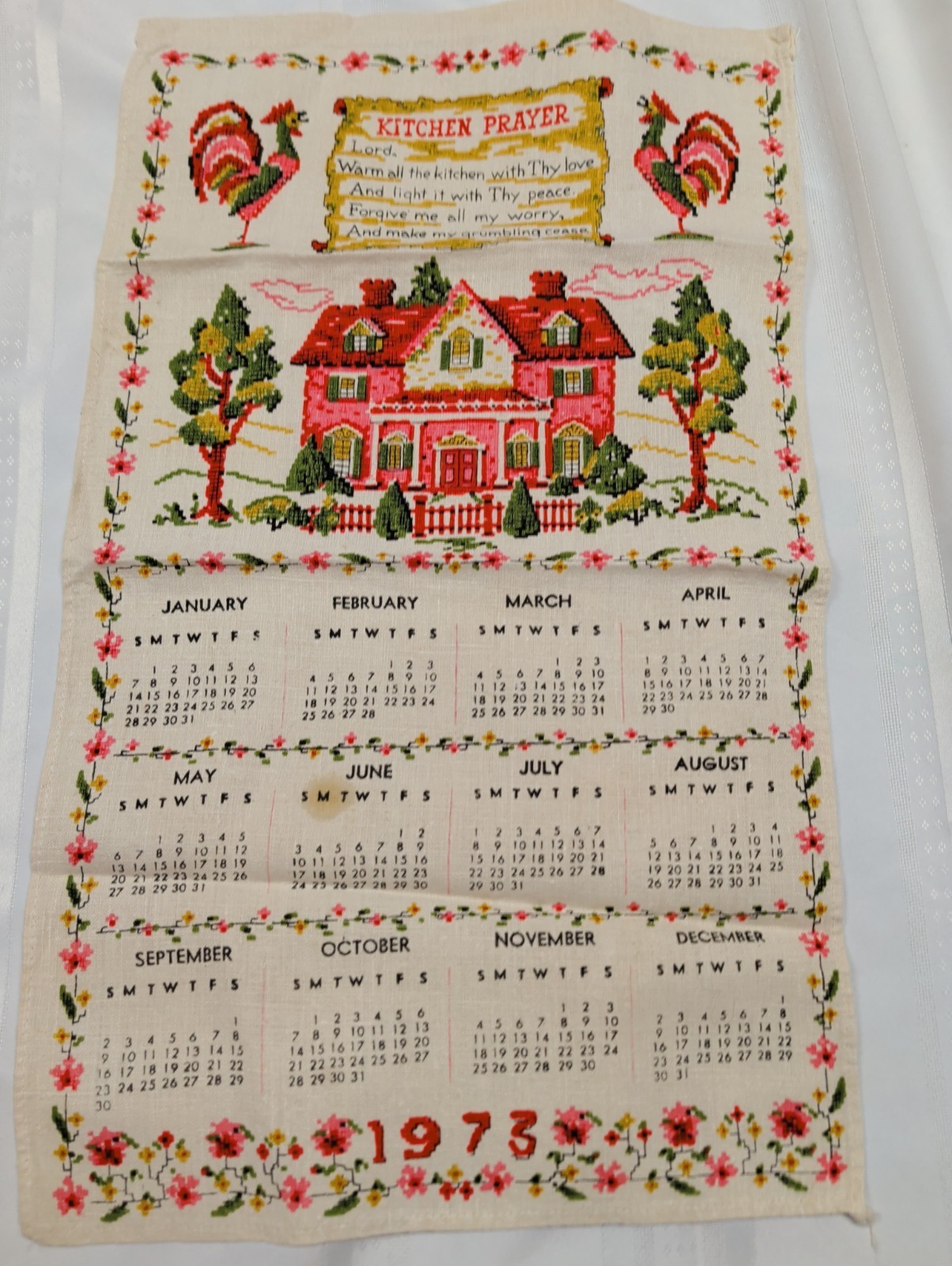 Vintage 1973 Linen Wall Calendar Tea Towel Kitchen Prayer Farmhouse Roosters Vintage 1973 Linen Wall Calendar Tea Towel Kitchen Prayer Farmhouse Roosters