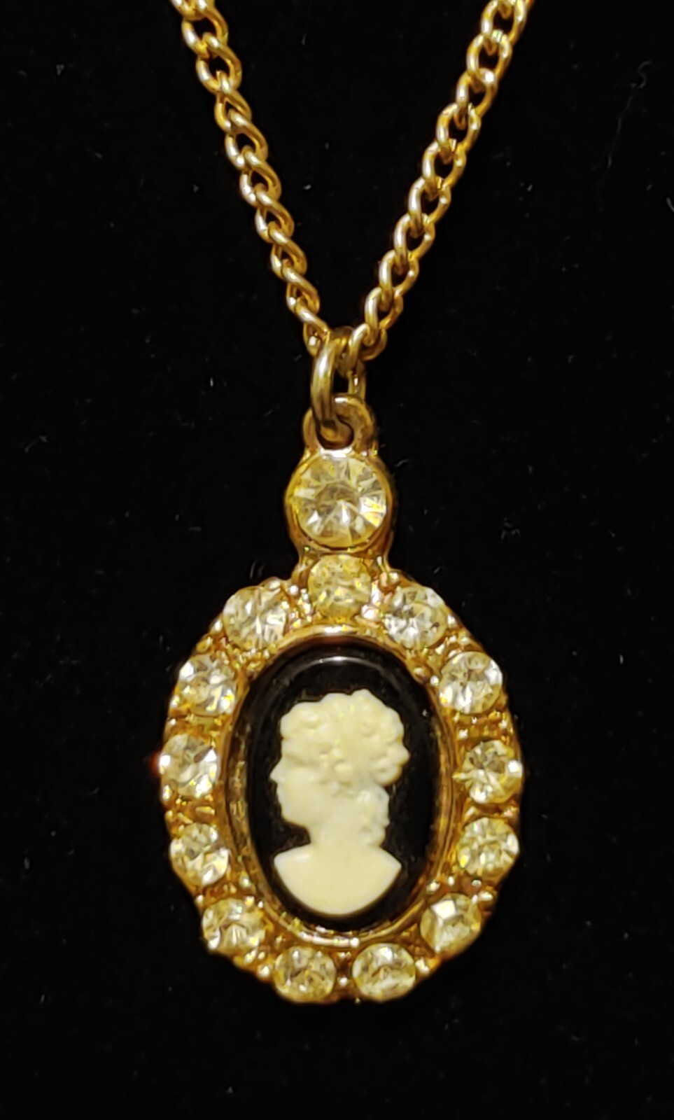 Vintage Faux Hard Stone Cameo Necklace Set with Rhinestones on Gold Tone Chain