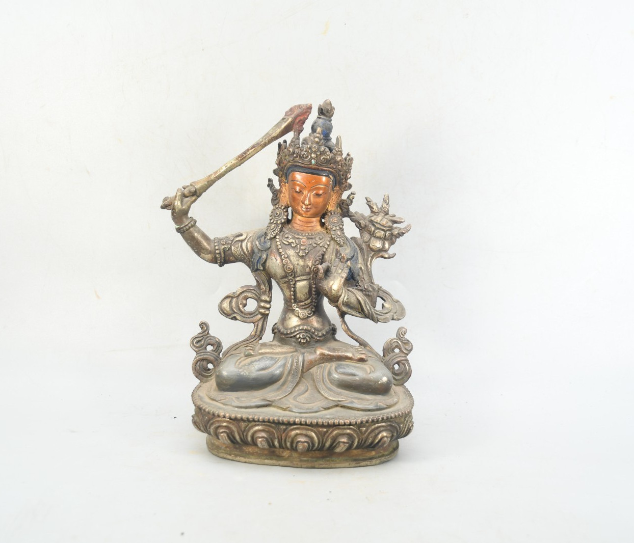 Tibetan Bronze Manjushri Statue, Bodhisattva of Wisdom Sculpture Antique Patina.