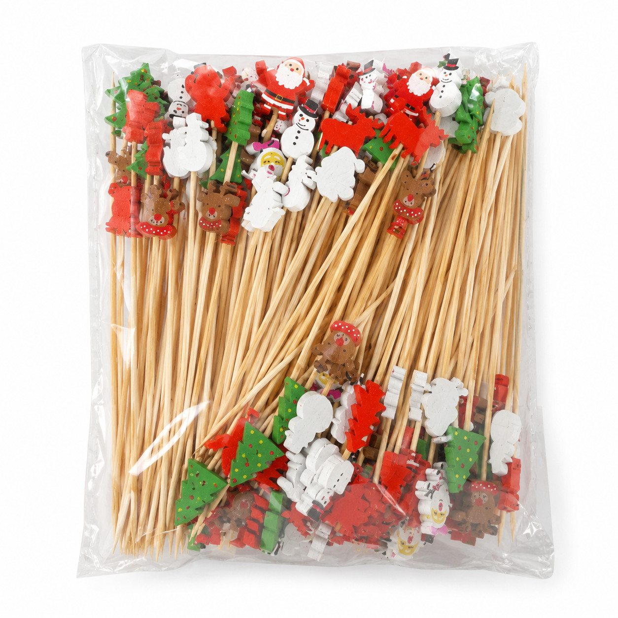 200 Christmas Cocktail Picks Wooden Toppers Santa Snowman Reindeer Assorted NIP