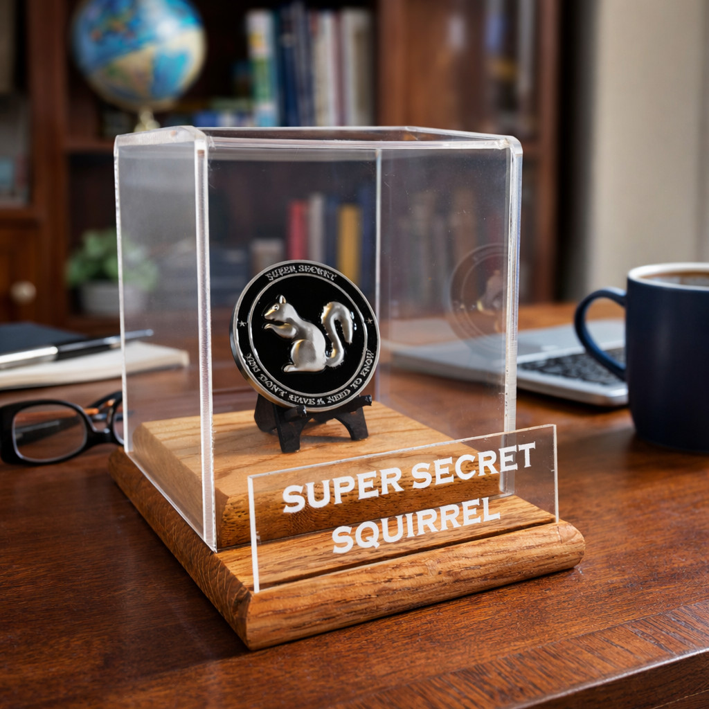 Super secret Squirrel alien technoogy novelty challenge coin W/ display case 28