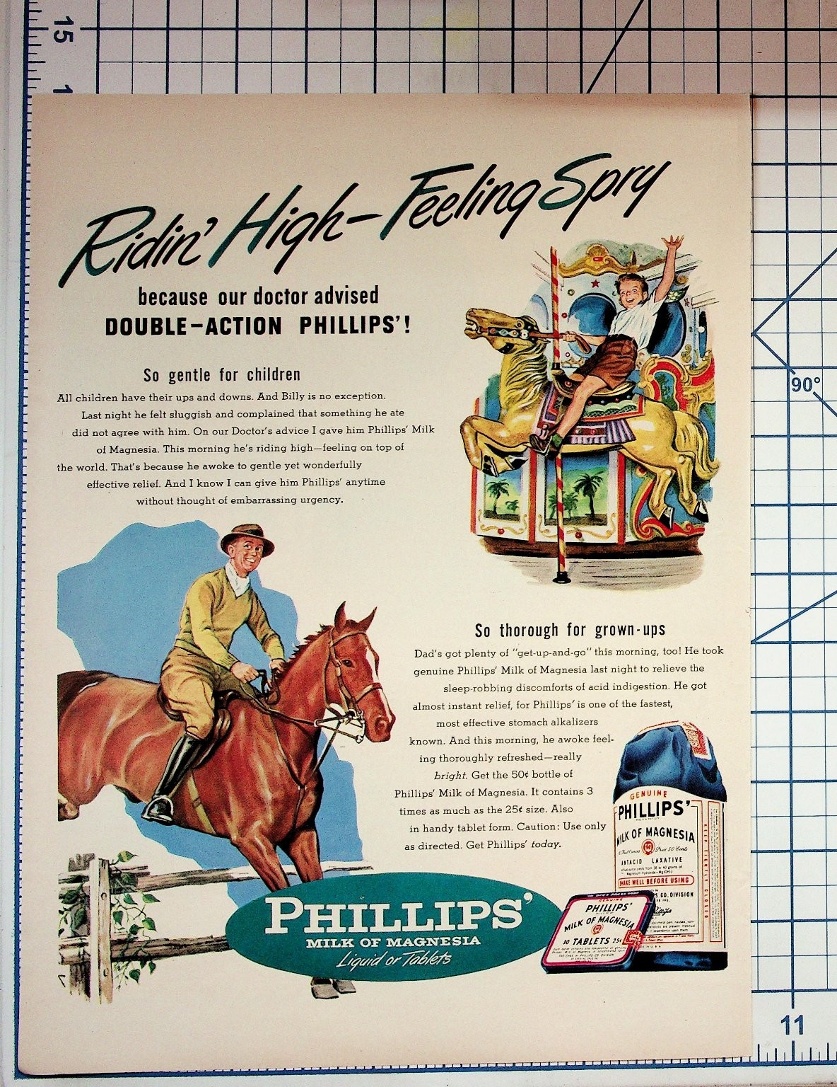 Vintage 1940s Phillips Milk of Magnesia Ad Carousel Horse & Rider Ephemera Vintage 1940s Phillips Milk of Magnesia Ad Carousel Horse & Rider Ephemera