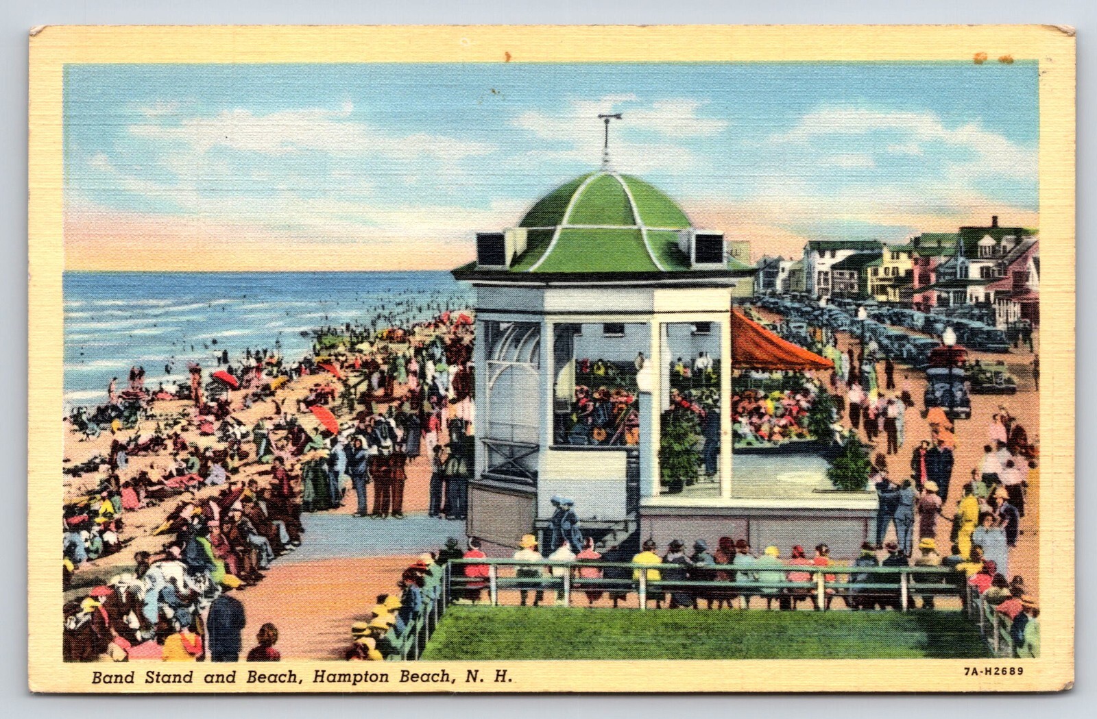 Band Stand and Beach Hampton Beach, New Hampshire Vtg Linen Postcard